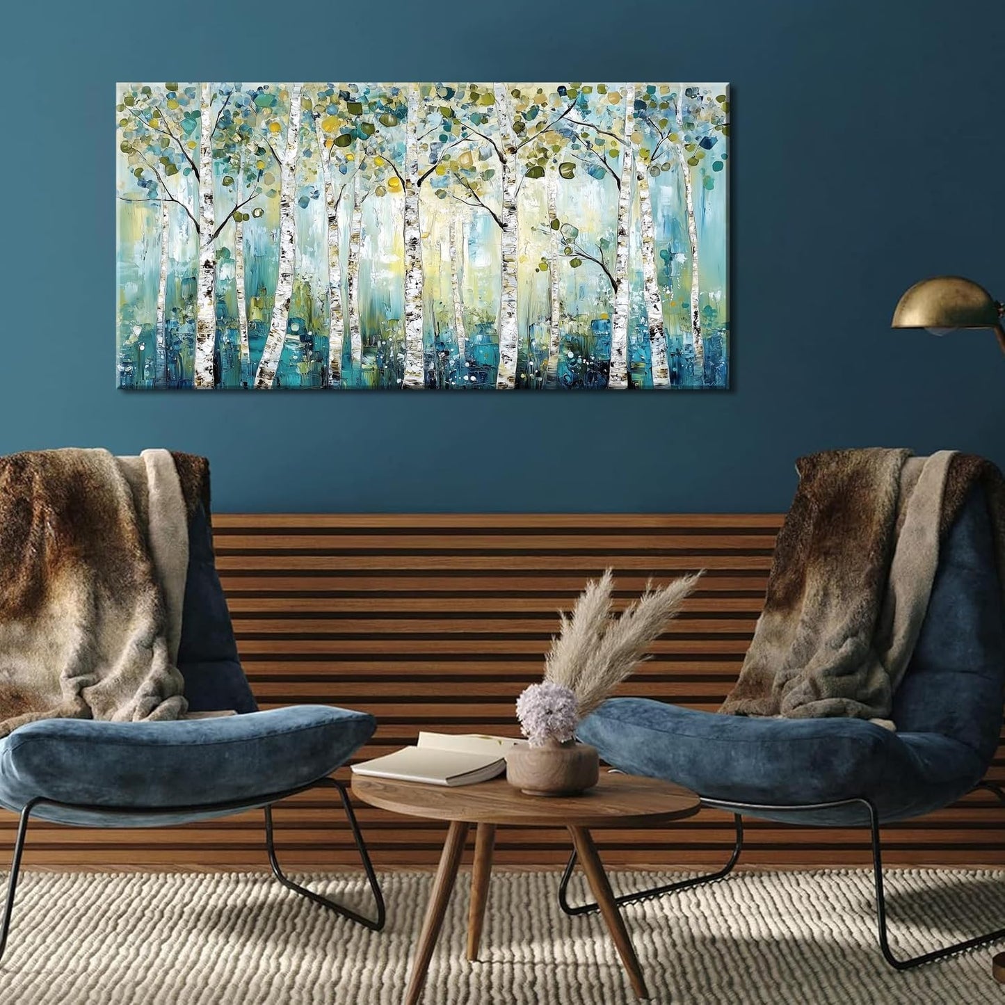 LASMOND Abstract Teal Grove Canvas Paintings Prints Modern Tree Wood Artwork Decor Wall Art for Living Room Bedroom Offices (30x16 Inches)