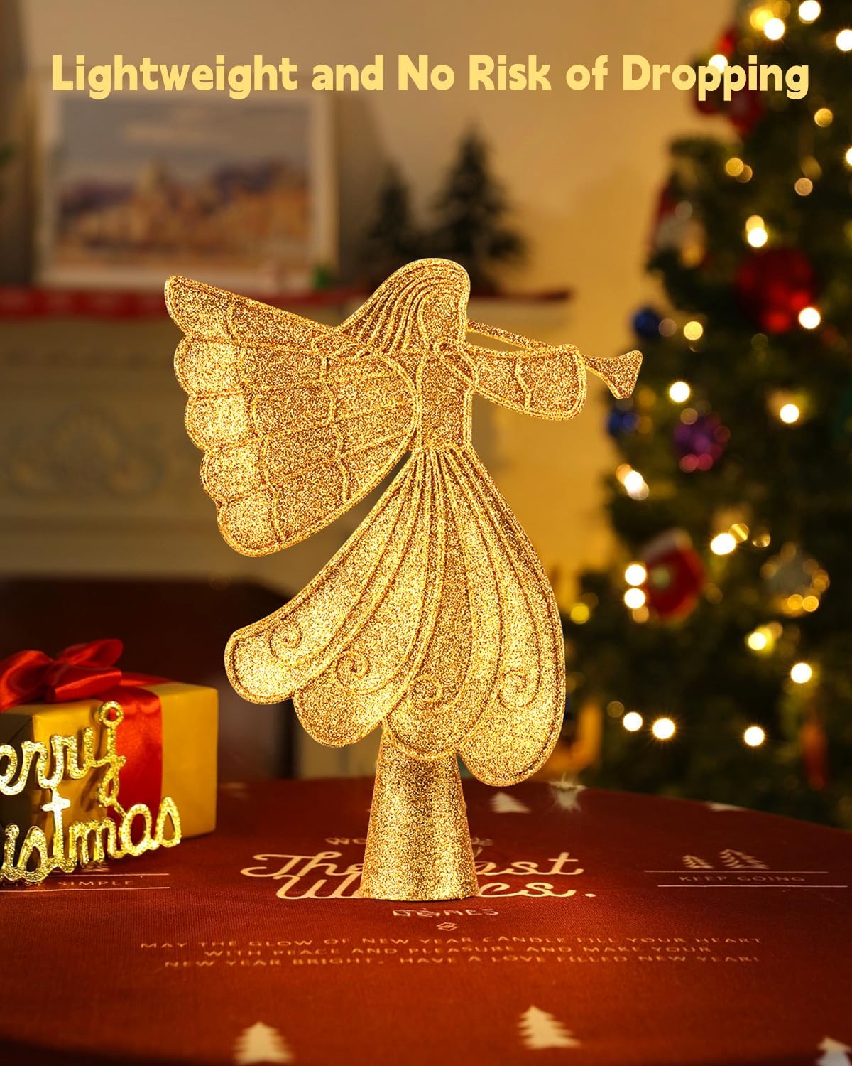 Christmas Angel Tree Topper with Built-in LED Snowflake Projector Lights Hollowed Pentagram Tree Top with Gold Spangles Plated Plug in for Indoor Outdoor Christmas Decorations, Gold