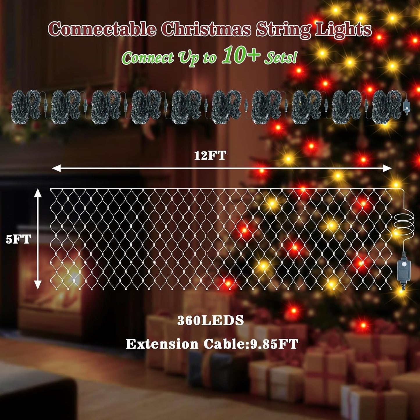 Christmas Net Lights 360 LED Outdoor 12FTx5FT Christmas Mesh Lights Connectable IP67 Waterproof Colorful Decorations Fairy String Light 8 Modes for Indoor Xmas Tree Bush Garden Decor Party-Multicolor