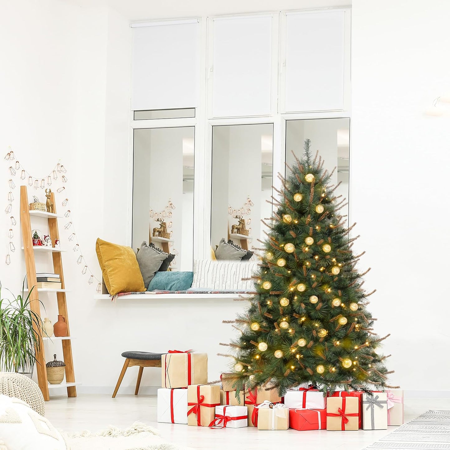 Selena 4.5ft Prelit Artificial Christmas Tree with 373 Branch Tips, 130 Warm Lights and Metal Stand, 33" Wide Realistic Withered Christmas Tree with Lights by Naomi Home