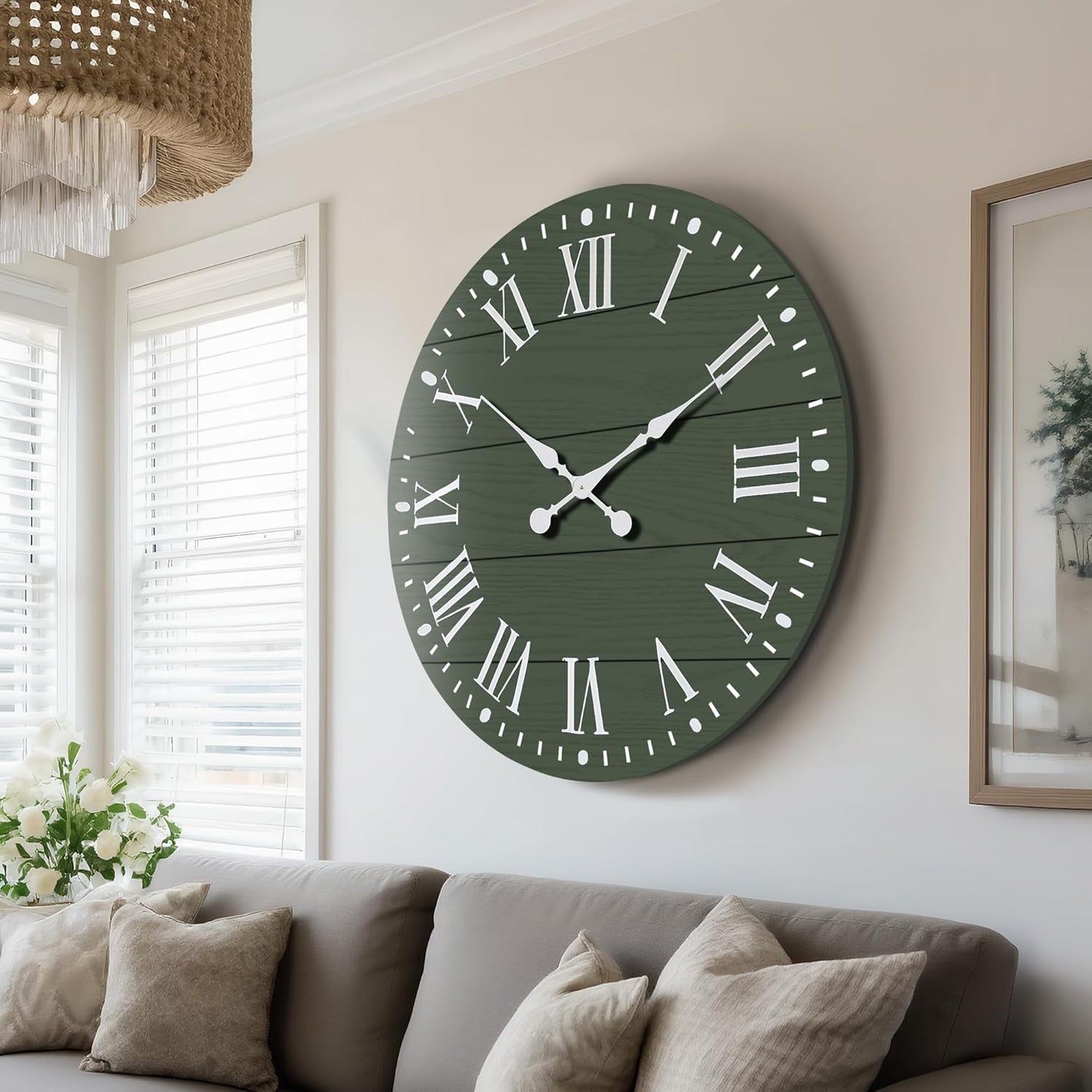Large Wall Clock with Roman Numeral, 35” Shiplap Wall Clock Farmhouse Nearly Non-Ticking, Round Clock for Living Room Decor, Office, Bedroom, Entrance, Green