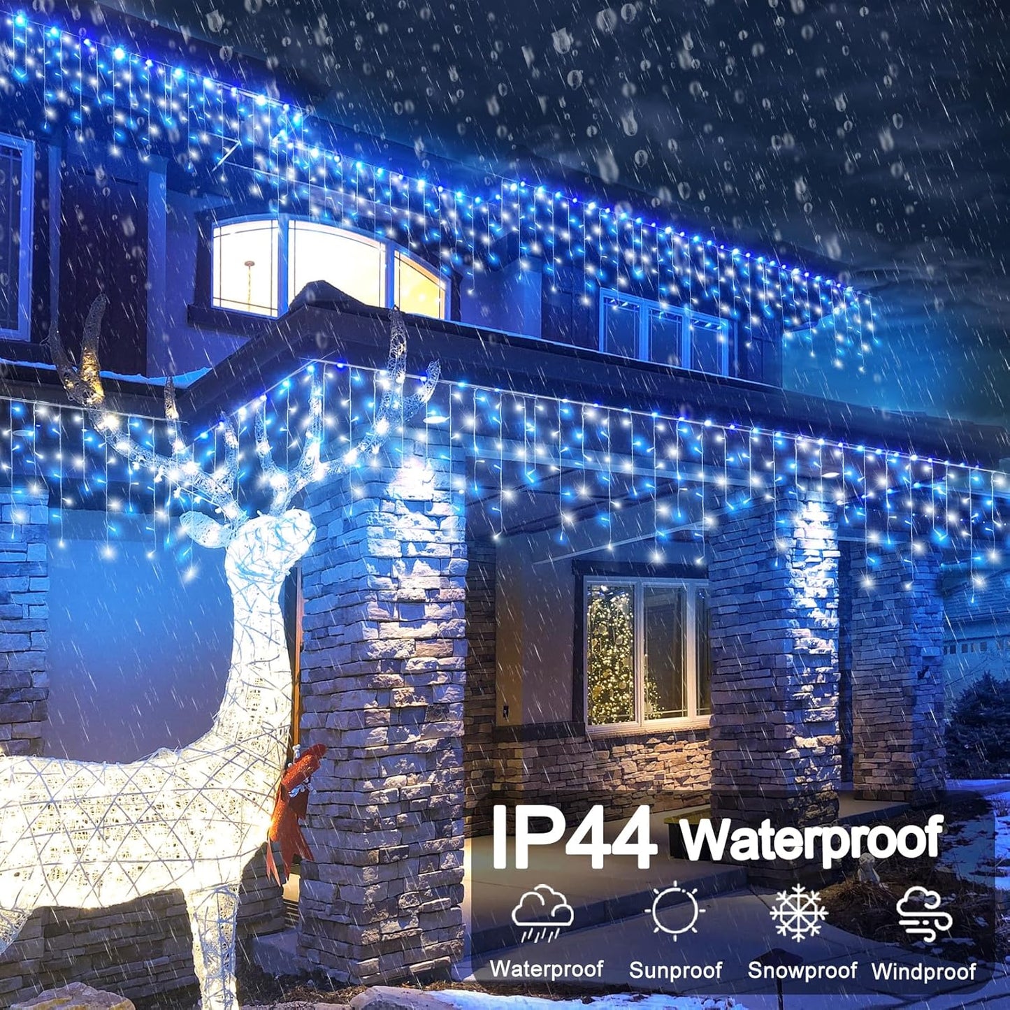 33ft Blue and White Christmas Lights, 400 LED Icicle Lights for Outside, Clear Wire Connectable Twinkle Lights with 8 Modes Timer Waterproof for House Window Party Tree Holiday Patio Yard Home Decor