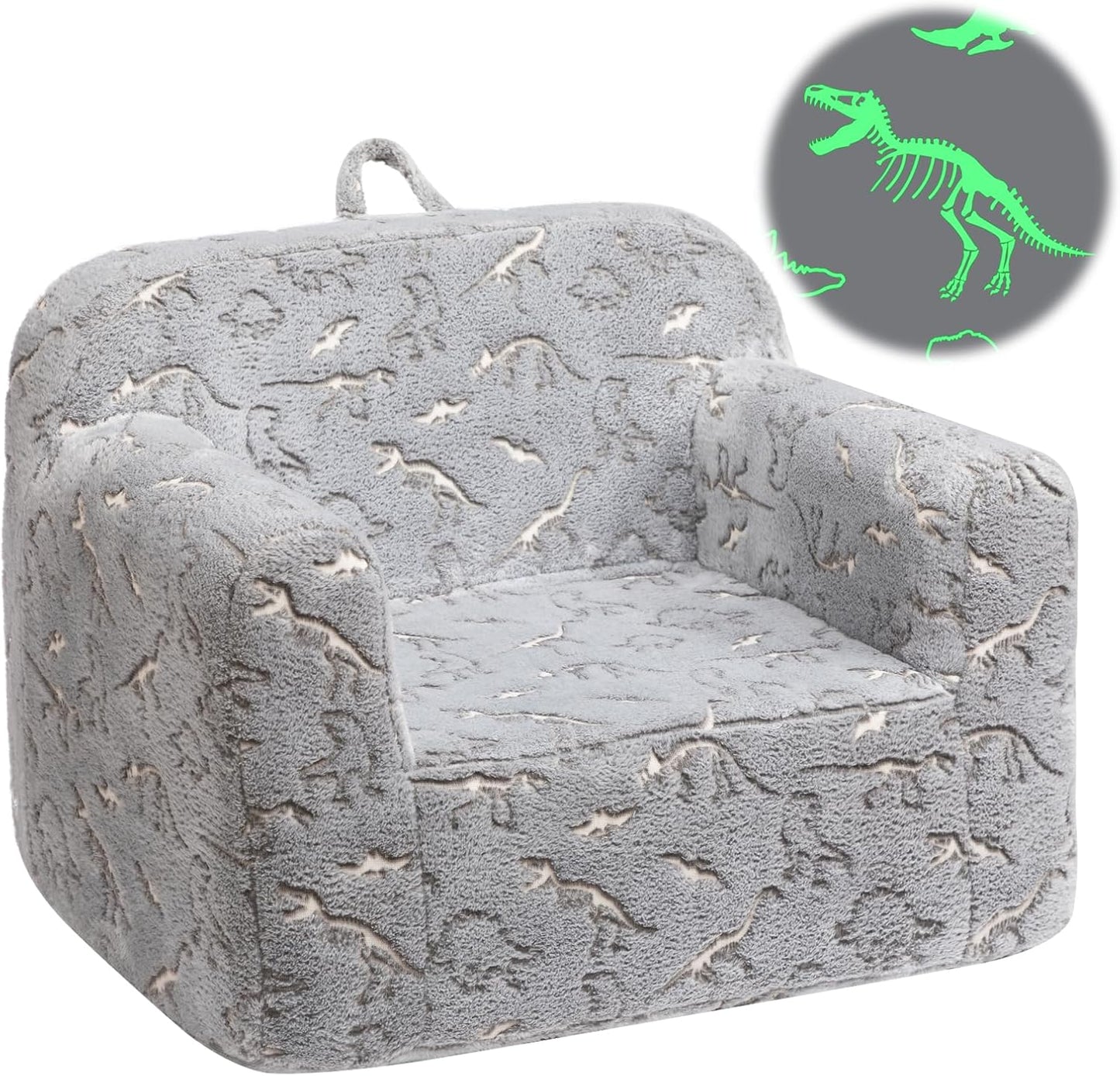 ALIMORDEN Kids Ultra-Soft Snuggle Foam Filled Chair, Glow-in-The-Dark Dinosaurs Fossil Pattern Toddler Cuddly Sherpa Reading Couch for Boys and Girls