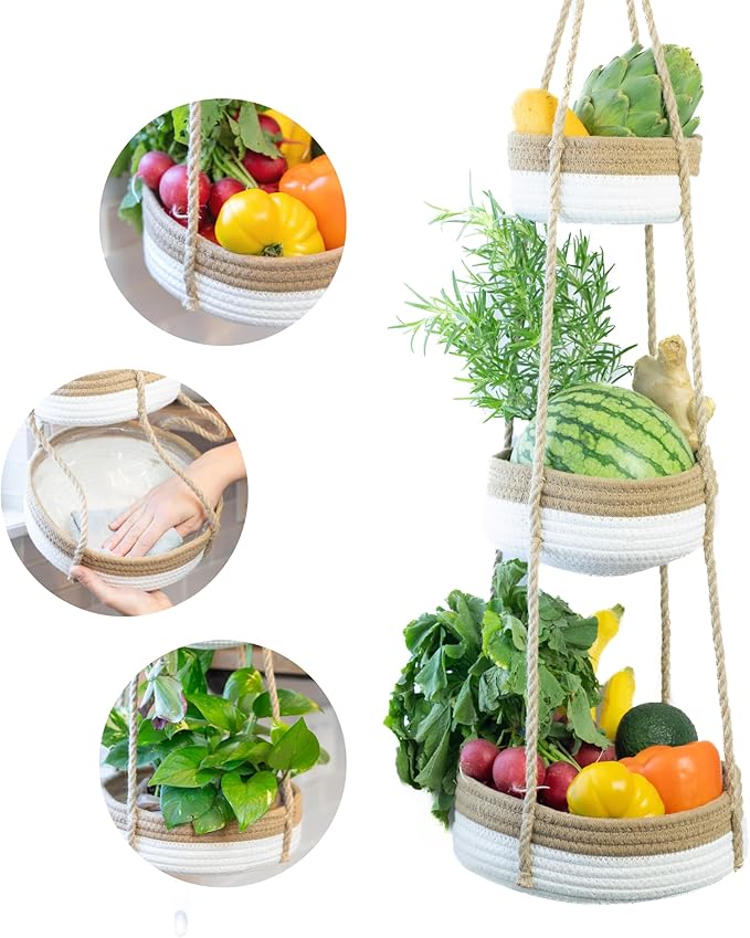 CEDAR+PINE 3-Tier Lined Hanging Fruit Basket Natural Woven Cotton with Strong Jute Rope Hanger in Gift Box Modern Hanging Basket for Kitchen