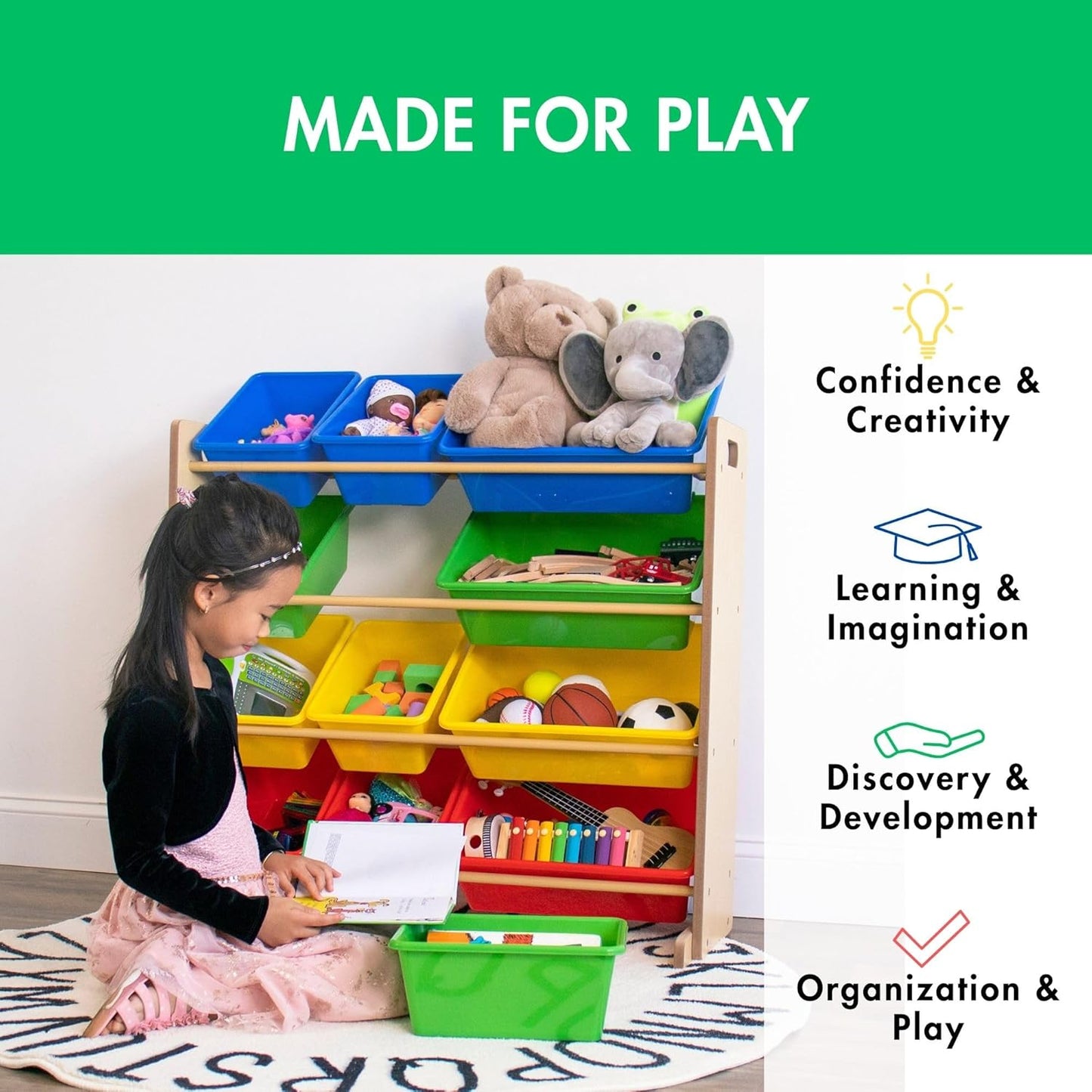 Humble Crew, Natural/Primary Kids' Toy Storage Organizer with 12 Plastic Bins, 34*35*15.5inch