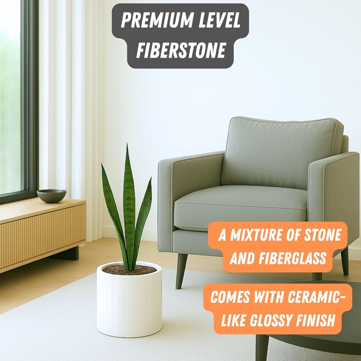 Fox & Fern 8 Inch Plant Pot with Drainage Plug — Premium Lightweight Fiberstone Glossy White Planter; Indoor & Outdoor Planter; 8 Inch Pots for Plants; Weather Resistant & UV Resistant