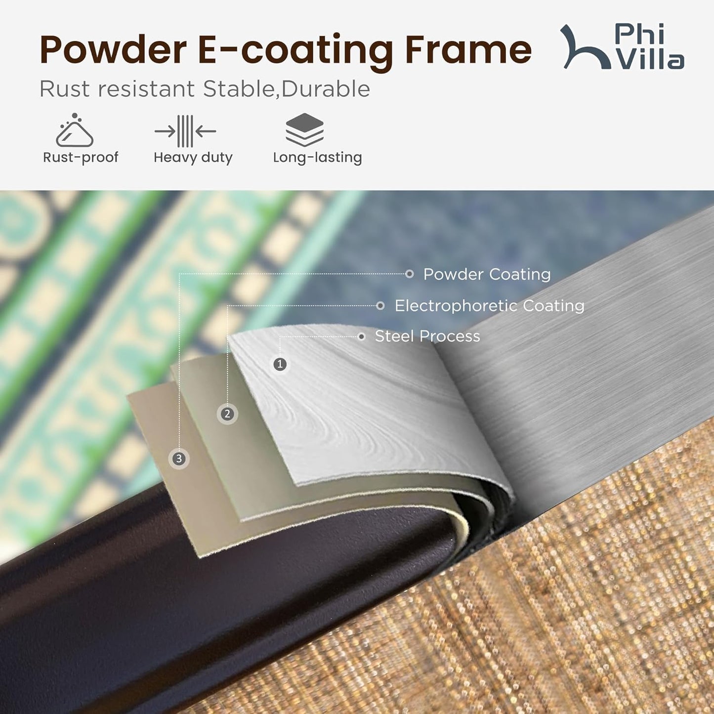 PHI VILLA 5 Piece Outdoor Bar Set, High Top Patio Dining Table and Chairs with 4 Swivel Padded Bar Stools (Brown) & Wood-Like Steel Bar Table for Deck, Garden, Poolside and Porch