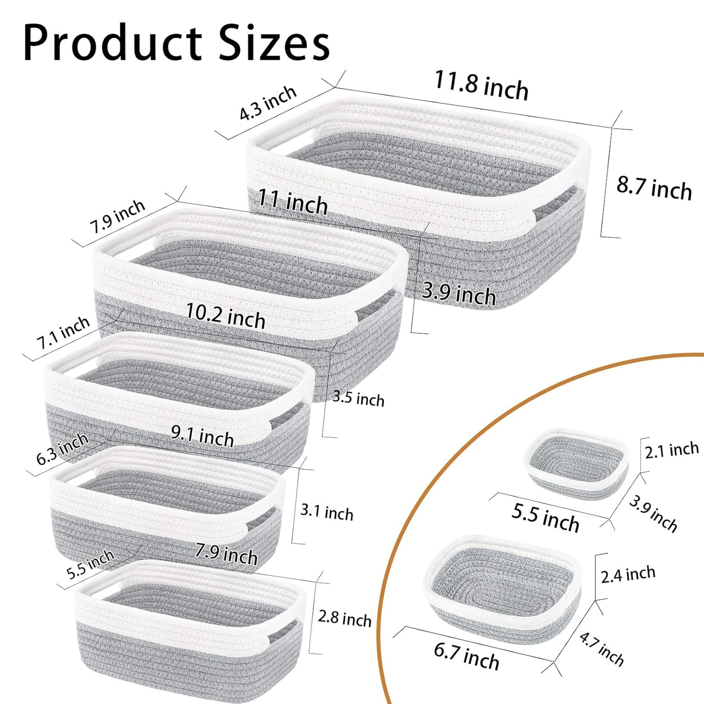 7 Piece Cotton Rope Woven Basket Set - Small Basket for Baby Nursery, Pets, Montessori, Dog & Cat Toy Boxes, Bathroom Organization Bins (White/Gray)