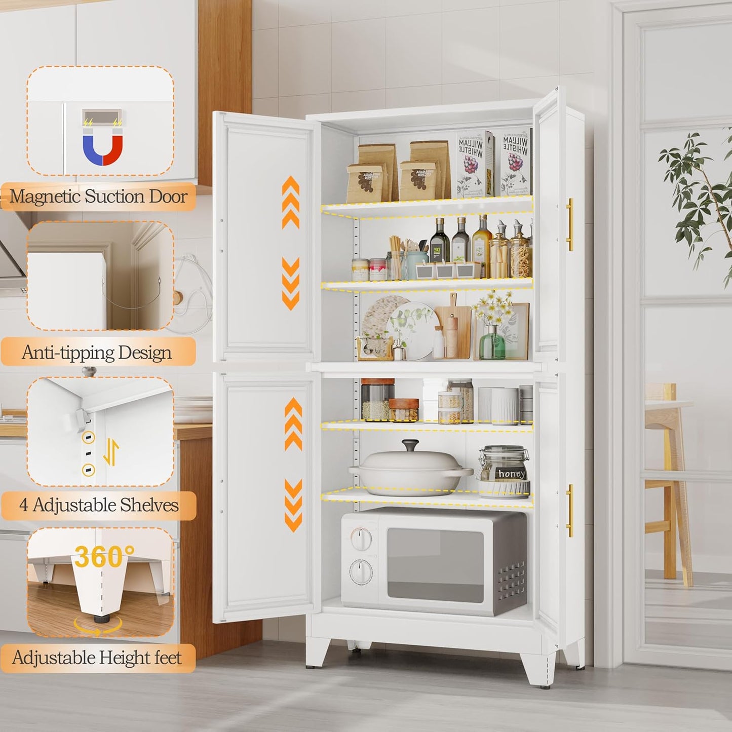 75.2" Tall Metal Pantry Cabinet, Kitchen Pantry Storage Cabinets with 4 Door and 4 Adjustable Shelves, White Storage Cabinet, Freestanding Cupboard for Kitchen Dining Room Living Room Bathroom