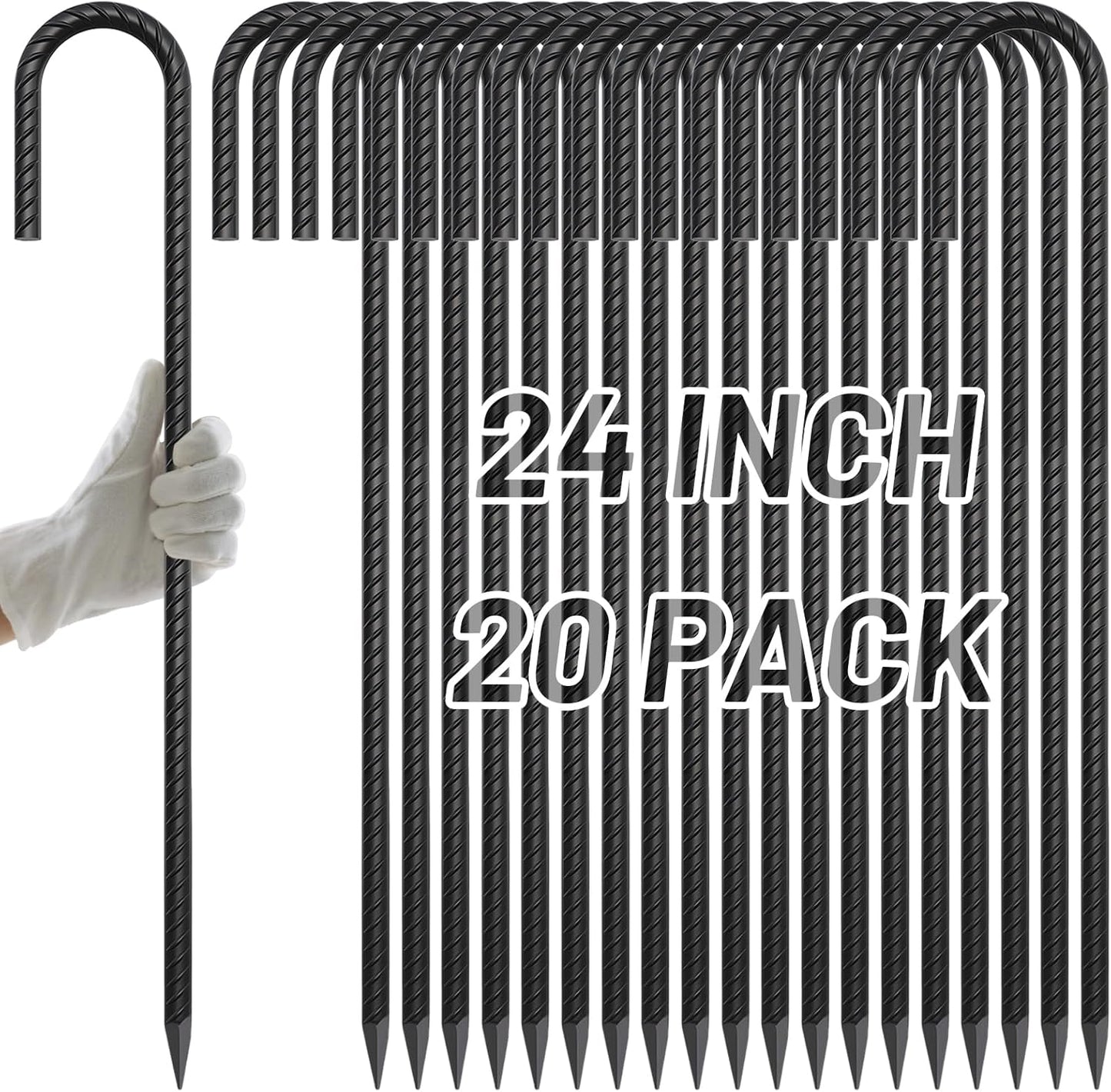 AAGUT 24Inch Rebar Stakes 20Pcs Heavy Duty 1/2 Inch J Hook Fence Anchors Curved Steel Garden Stake Yard Spikes with Sharp End for Camping Tent,Black Powder Coated