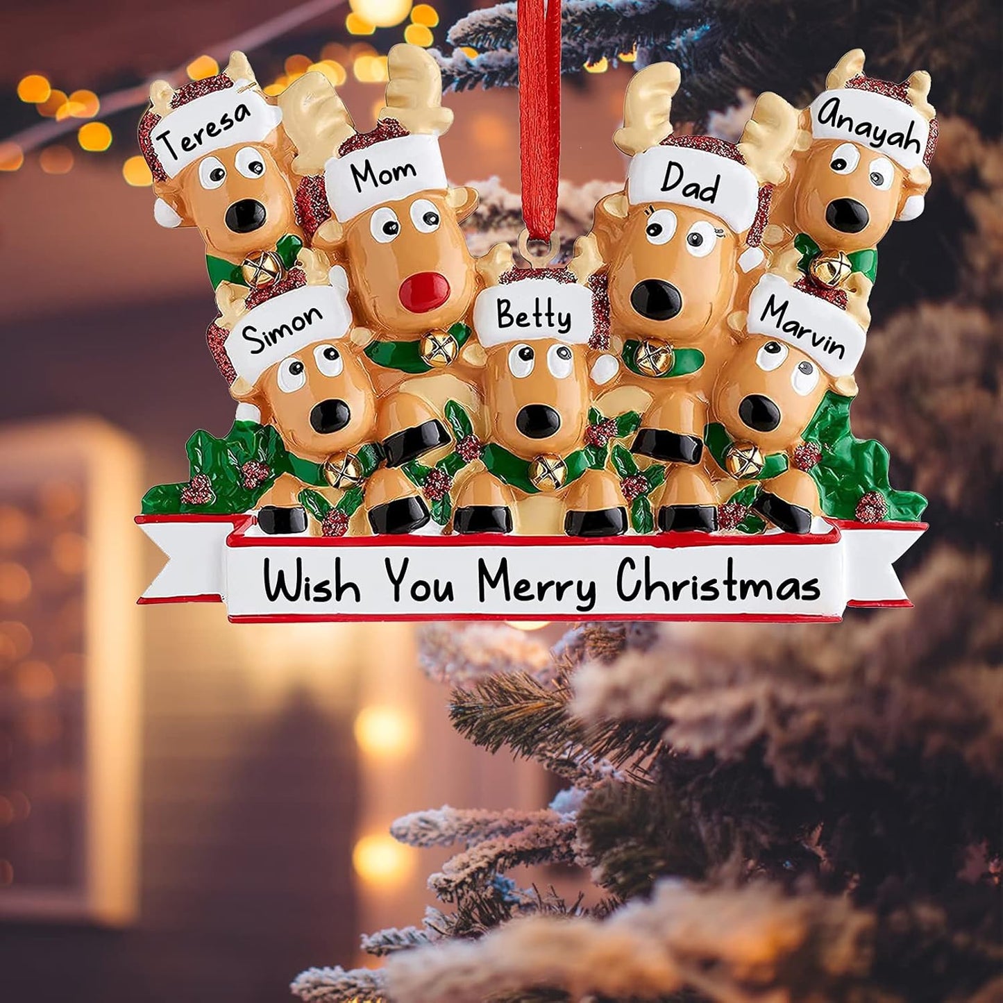 Personalized Deer Christmas Ornaments 2025 Family of 2,3,4,5,6,7,8 Custom Name Reindeer Xmas Ornament with Text,Customized Christmas Decoration Gifts - Family of 7