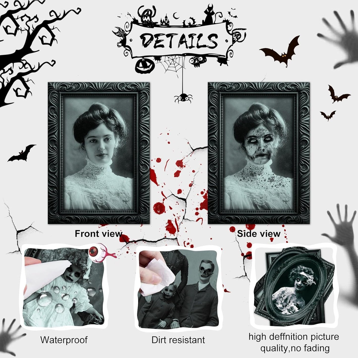 6 Pack Halloween Decoration 3D Changing Face Moving Gothic Horror Picture Frames Portrait, Waterproof, Full adhesive backing, Spooky Halloween Wall Decor For Haunted Mansion Castle Masquerade Party