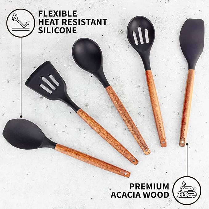 Zulay Kitchen Non-Stick Cooking Utensils Set with Authentic Acacia Wood Handles – 5-Piece Durable & Stylish Silicone Kitchen Utensils Set – Heat Resistant to 464°F – Black