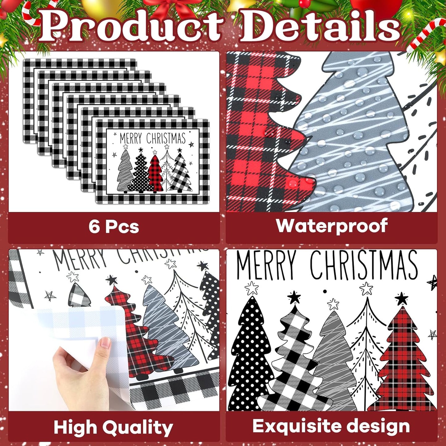 Christmas Placemats Set of 6 Christmas Tree Plastic Table Mats Xmas Trees Black and White Buffalo Plaid Place Mats Winter Holiday Table Decoration for Indoor Outdoor Party Kitchen Dining