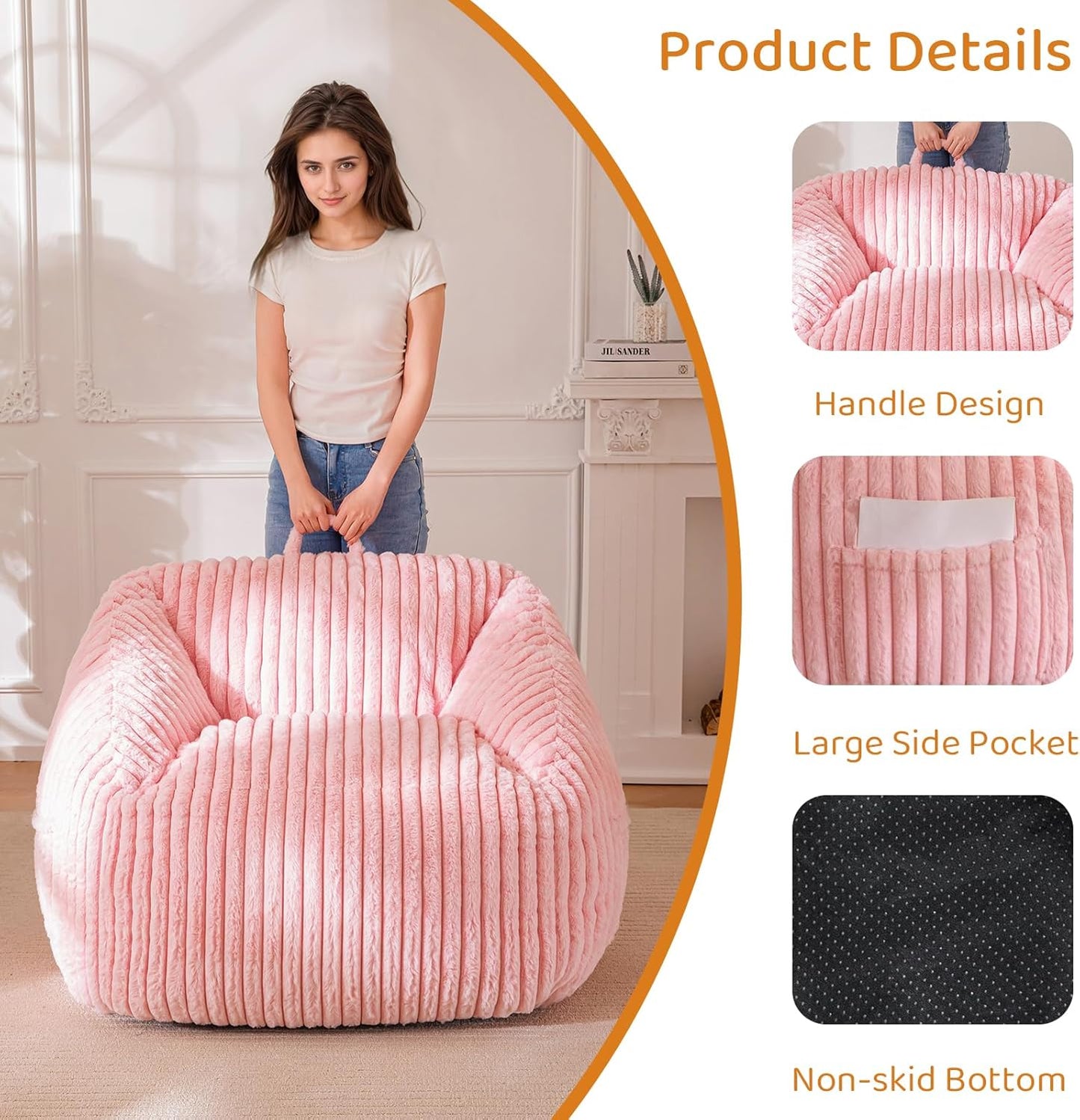 BYBYME Giant Bean Bag Chair for Adults and Kids, Large Comfy Cozy Beanbag, Floor Sofa for Teens, Living Room, Gaming, Reading, Pink