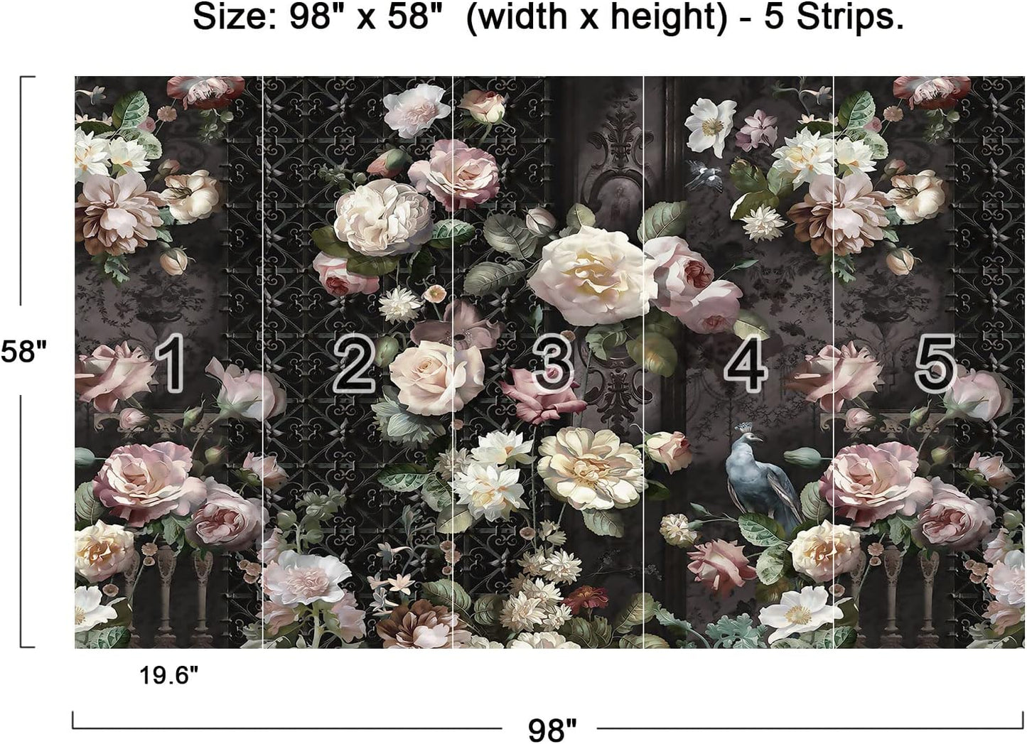 Cliouar-Black Fence Bird Peacock Pink Yellow White Rose 3D Mural Wallpaper Bedroom Living Room Decor Peel and Stick 98" x 58"