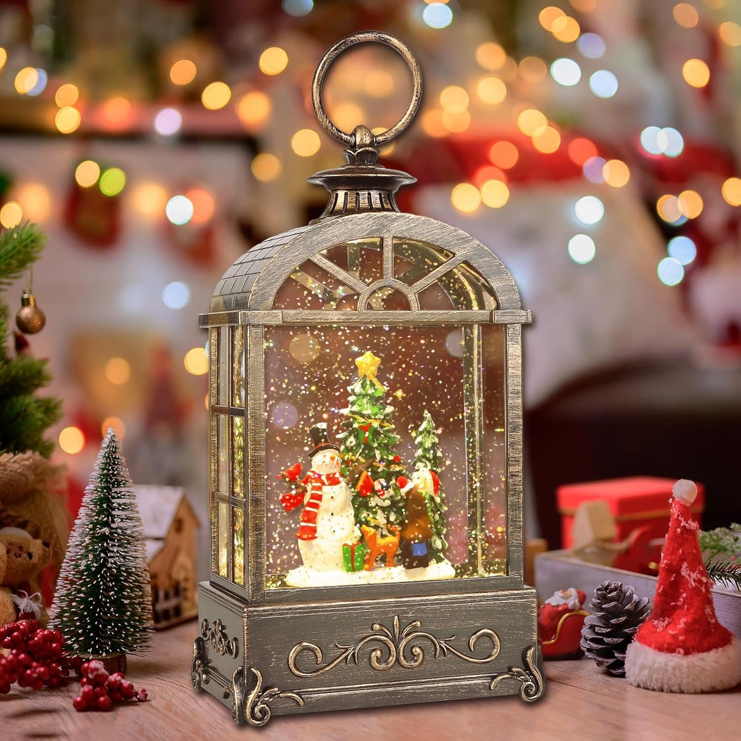 Christmas Snow Globes Lantern,Musical Snow Globes,Christmas Decorations Indoor for Home,Battery Or USB Powered,with 6 Hour Timer,Christmas Lantern for Festival Decoration,Snowman Child