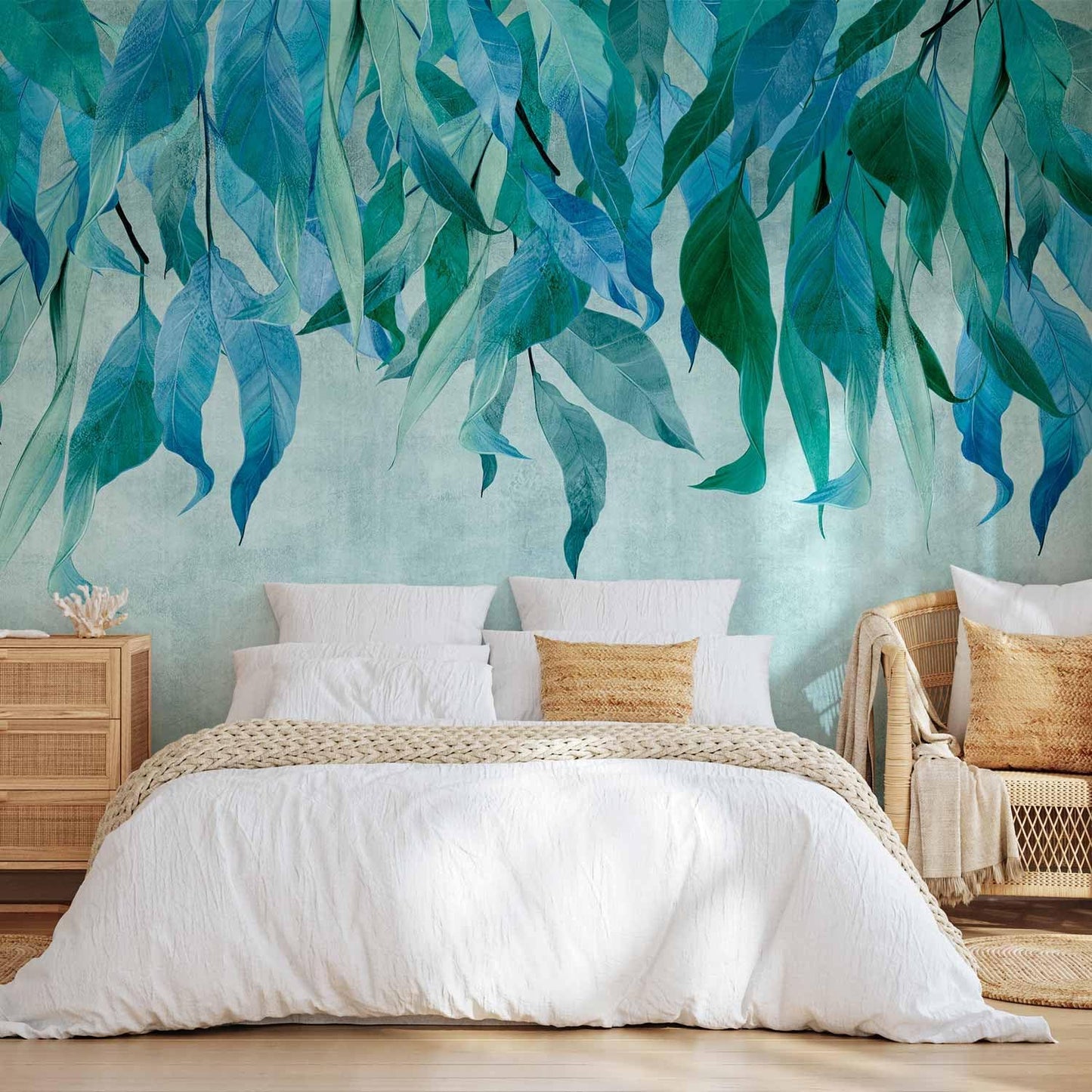 artgeist Wall Mural Hanging Leaves 193x138 in - Peel and Stick Self-Adhesive Wallpaper Removable Large Sticker Foil Wall Decor Print Picture Image Design Nature Botanical Concrete Green b-C-10146-a-b