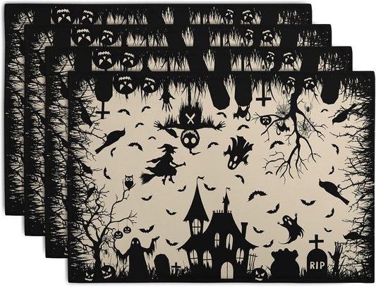 Halloween Placemats 12x18 Inch Set of 4 Black White Witch Castle Ghost Place Mats Spooky Haunted House Bats Tree Crow Table Mat for Party Kitchen Dining Outdoor Indoor Decor