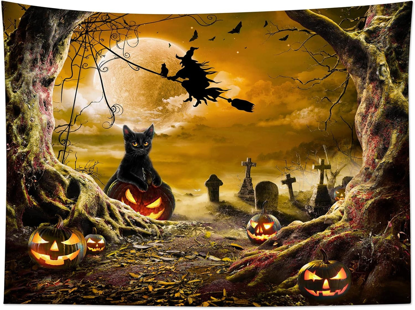 LB Halloween Wall Tapestry - Horror Witch Cat, Dead Tree, Pumpkin Lights With Spooky Graveyard, Orange Full Moon Over Misty Forest for Bedroom Living Room Dorm - 80x60 Inches