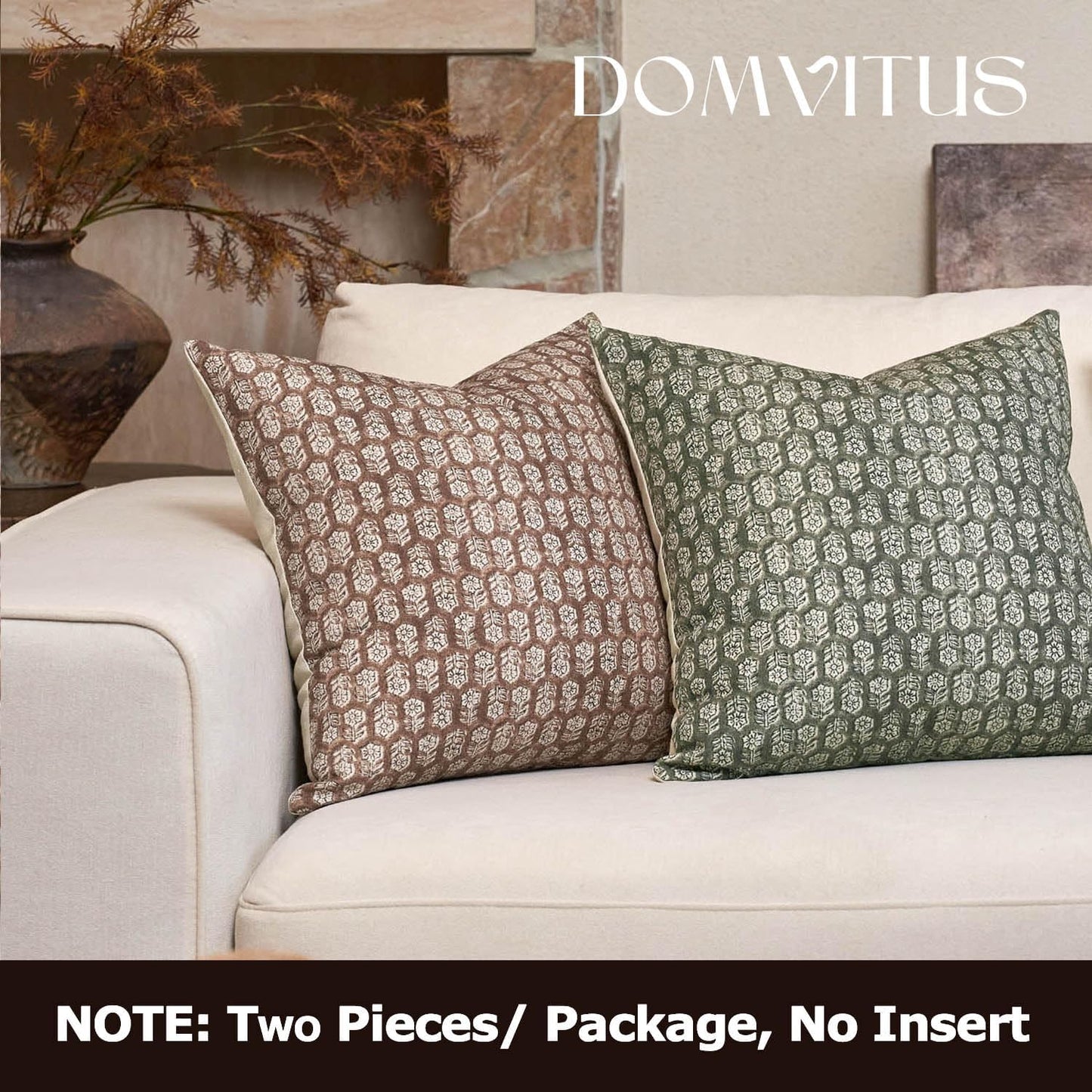 DOMVITUS Floral Pillow Covers Set of 2, Throw Pillow Covers 18x18, Floral Print Neutral Accent Decorative Pillow Covers for Living Room, Bed, Mineral Green