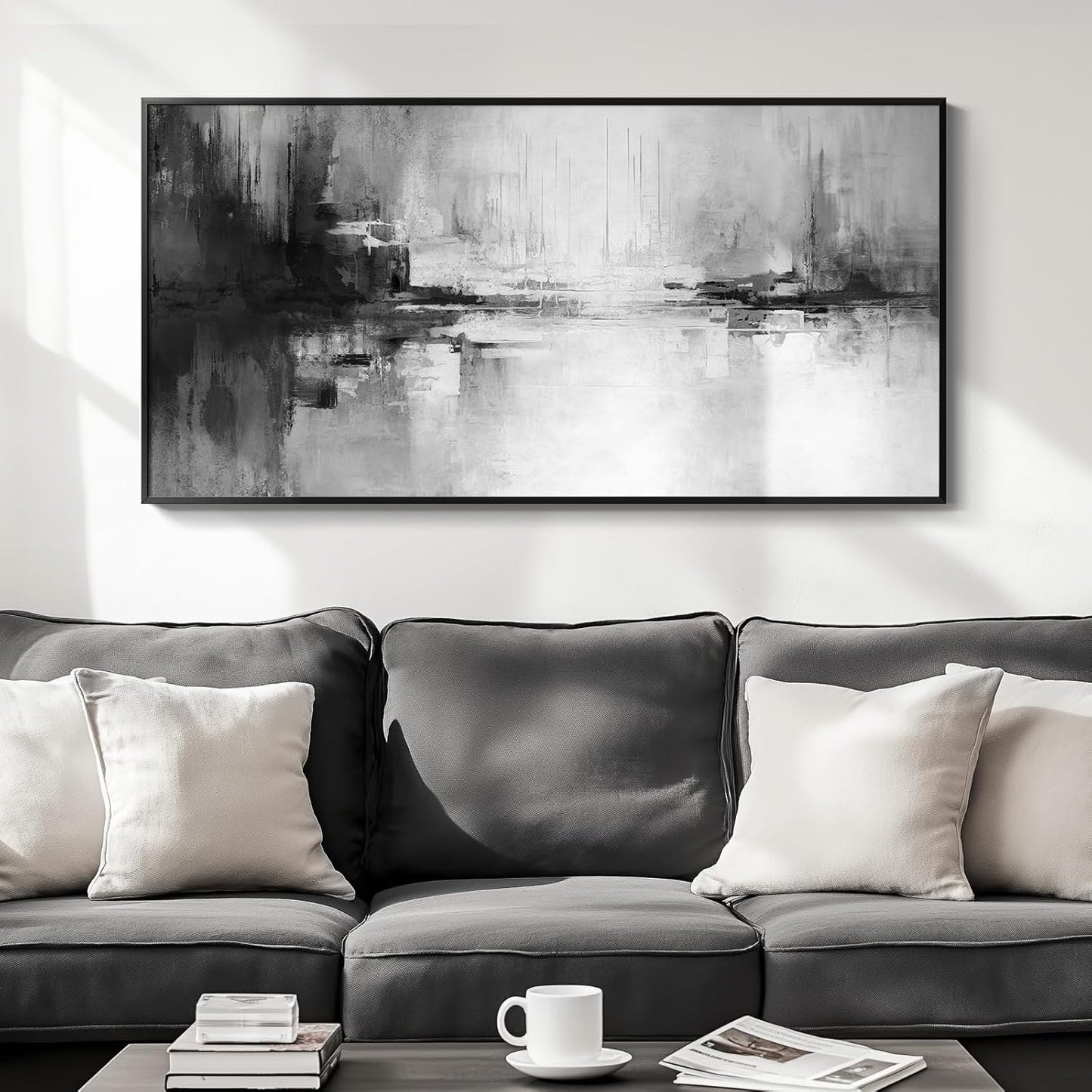 Framed Extra Large Black and White Abstract Canvas Wall Art, Modern Minimalist Horizontal Prints Painting Artwork for Walls, Black Grey Pictures Wall Decor for Living Room Hallway Bedroom Office 30x60 In