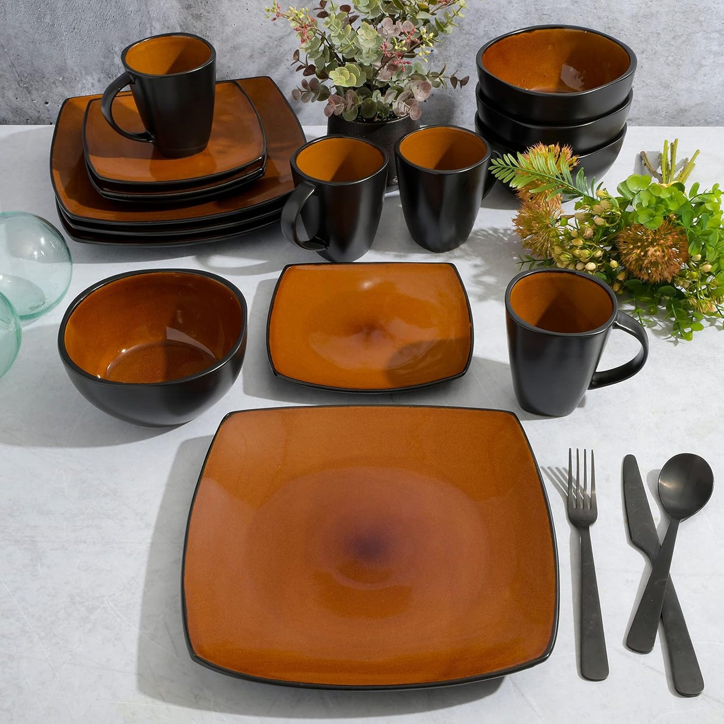 Gibson Elite Soho Lounge Square Reactive Glaze Stoneware Dinnerware Set, Service for 4 (16pc), Amber