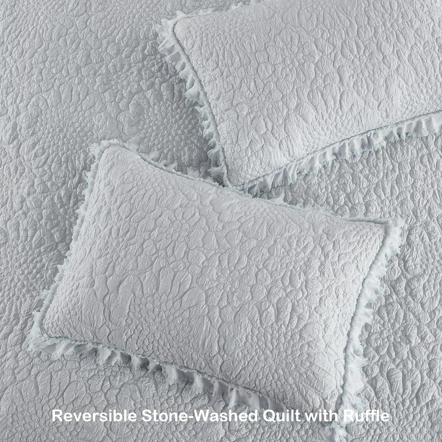 Light Blue Ruffled Quilt Queen Size, Stone-Washed Microfiber Lightweight Crinkled Farmhouse Rustic Shabby Chic Bedding Set, 3 Pieces Reversible Bedspread Coverlet with Pillow Shams for All Season