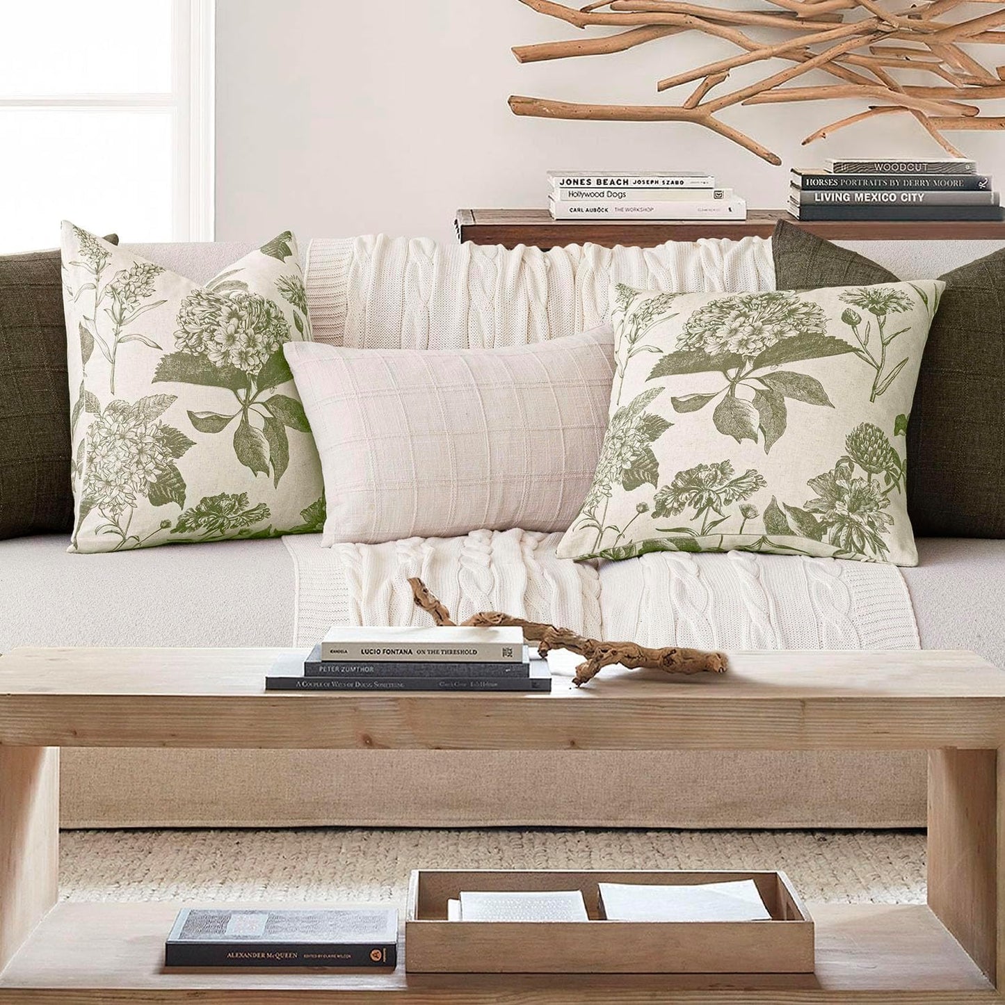 Foindtower Set of 2 Linen Floral Throw Pillow Covers Vintage Accent Print Decorative Cushion Covers Farmhouse Boho Home Decor for Sofa Chair Couch Bedroom Living Room Outdoor,20×20 Inch,Sage Green