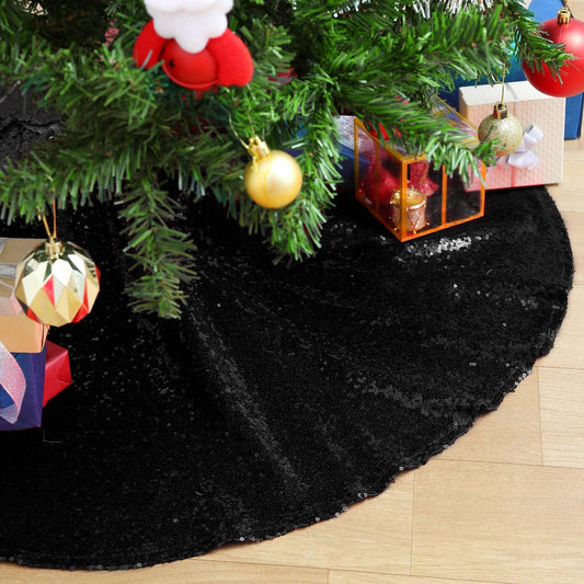 Glitter Black Tree Skirt 24 Inches Sequin Fabric Xmas Small Tree Skirt Tabletop Tree Christmas Halloween Party Ornaments