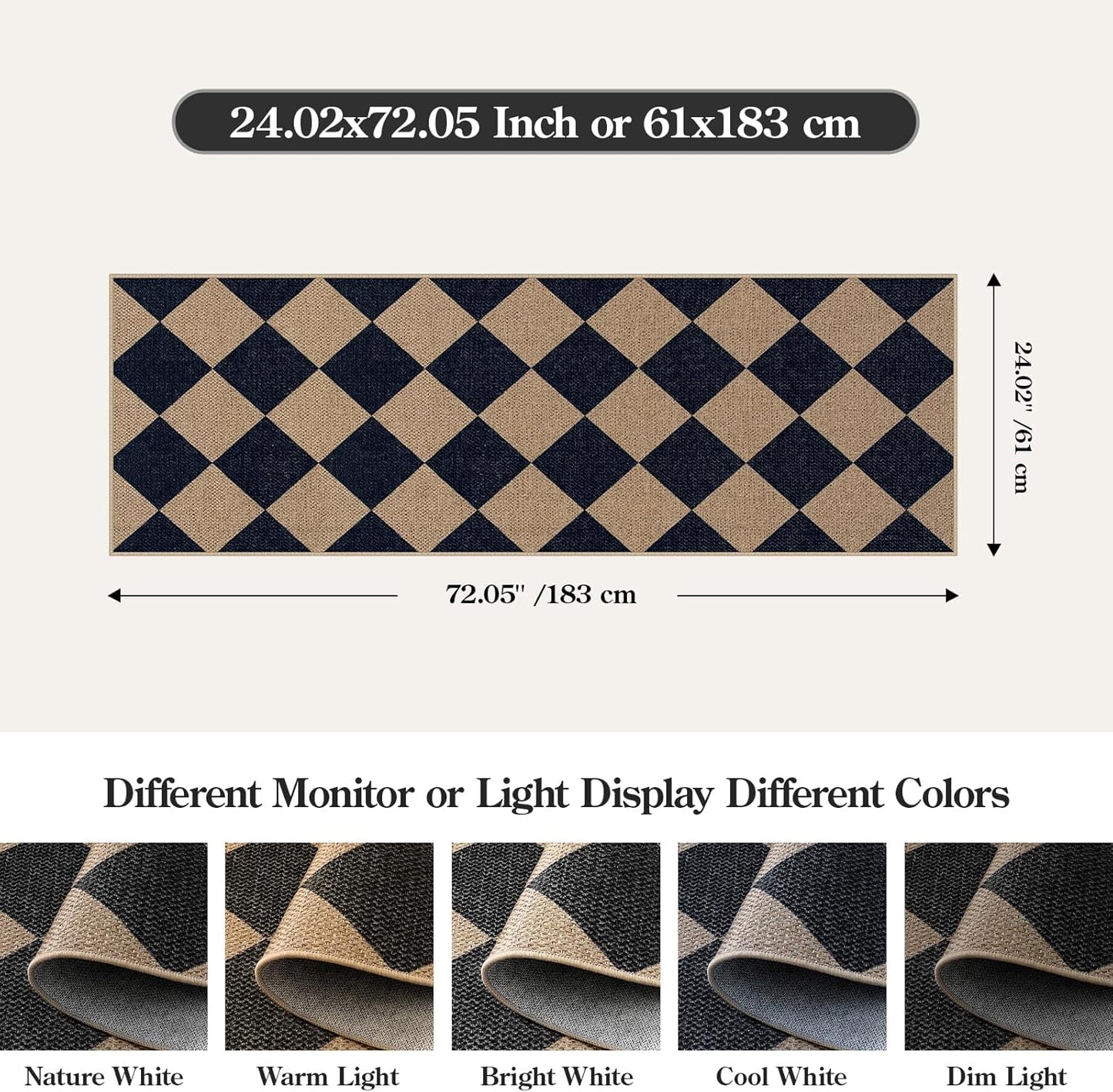 Lahome Checkered Easy Jute Runner Rug, 2x6 Kitchen Mats for Floor Washable Entryway Runner, Checkerboard Black Indoor Outdoor Carpet for Hallway 6ft Entry Laundry