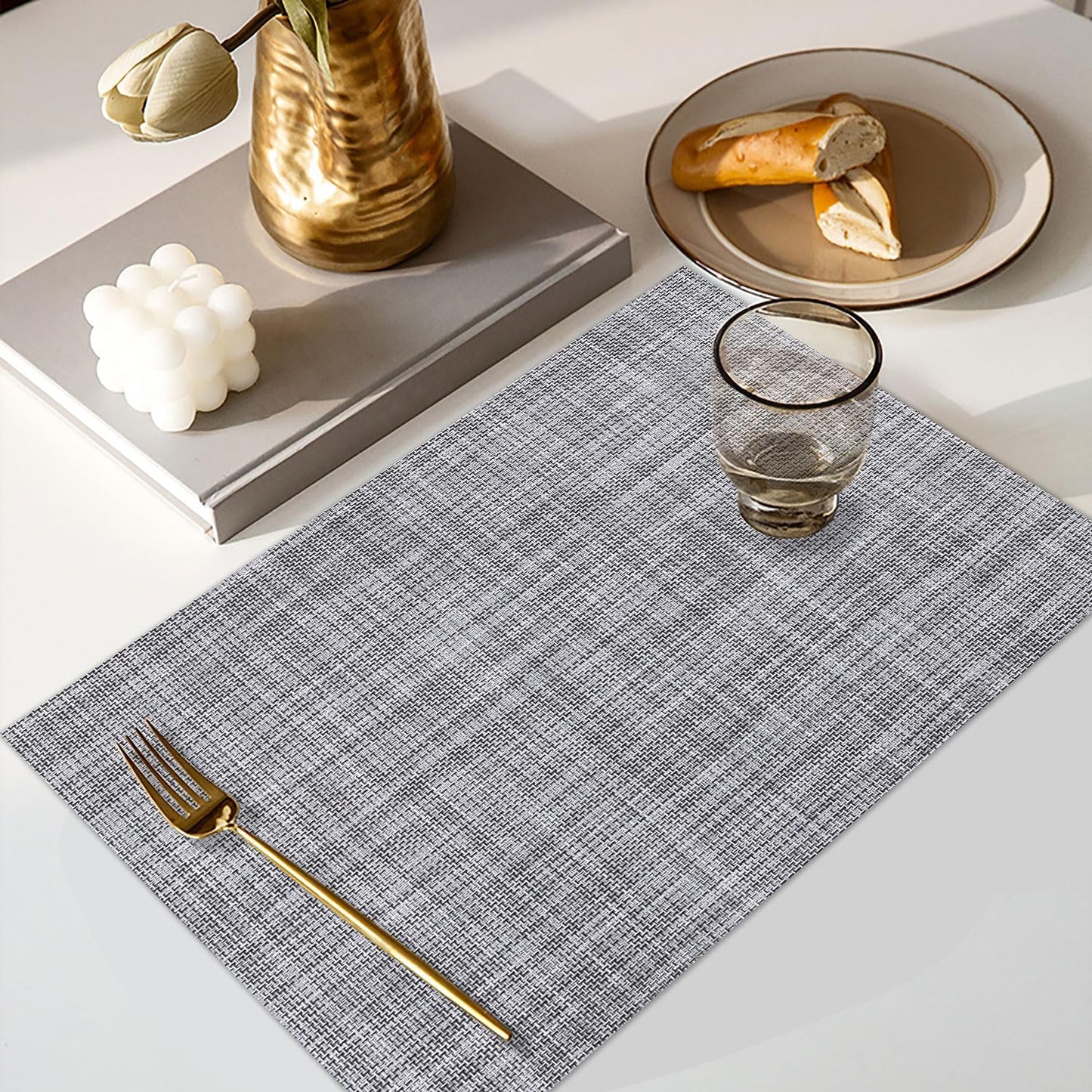 Vinyl Placemats Set of 6, PVC Woven Washable Non-Slip Table Mats, Heat Resistant Wrinkle Free Place Mats for Dining Table, Easy to Clean (6, Light Grey)
