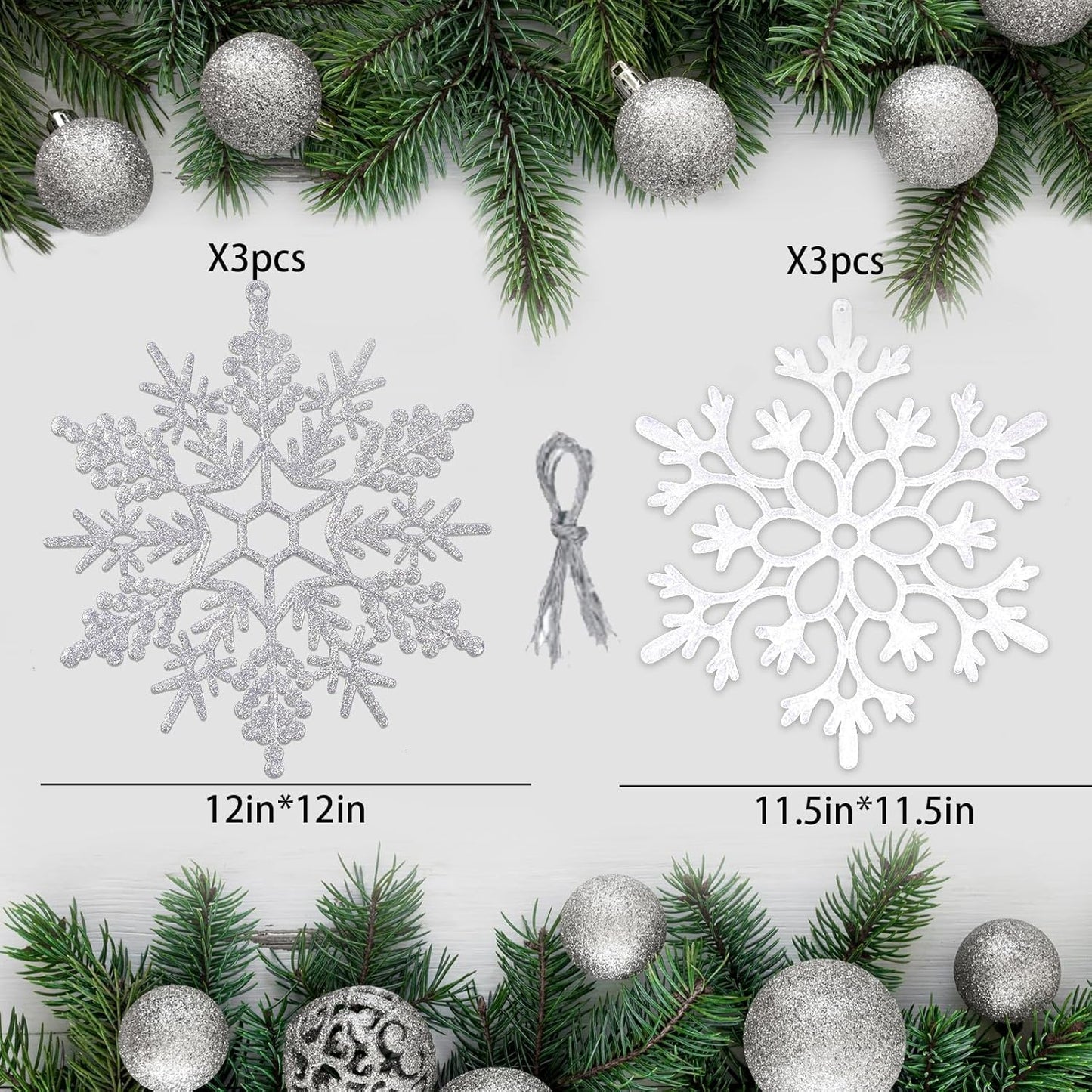 6pcs Large White Silver Snowflakes Ornaments Big Plastic Glitter Snowflake for Winter Indoor Outdoor Christmas Tree Window Room Decorations Giant Craft Snowflakes, 12/11.5 Inch