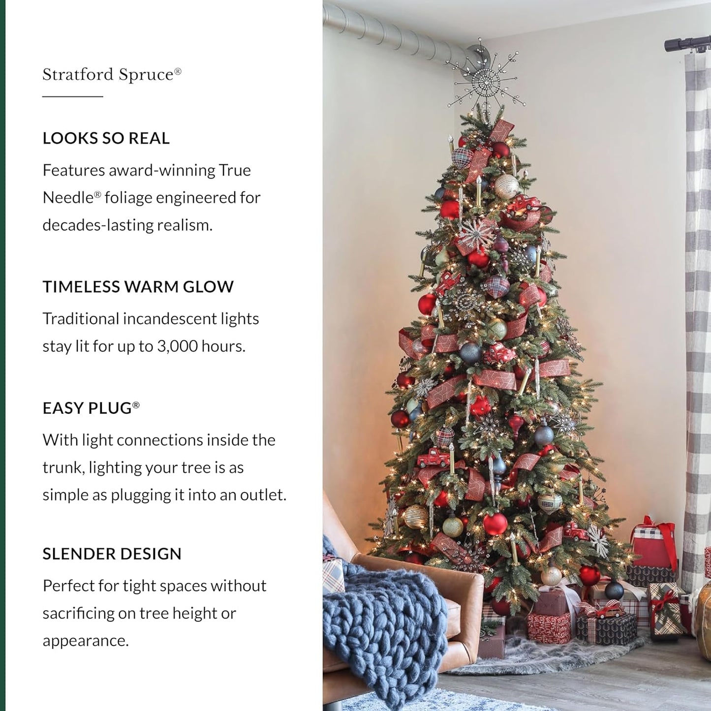 Balsam Hill 9ft Pre-Lit Stratford Spruce - Slim Artificial Christmas Tree with 1,000 Clear Incandescent Lights, True Needle Foliage, Easy Plug Technology & Premium Stand for Small Spaces