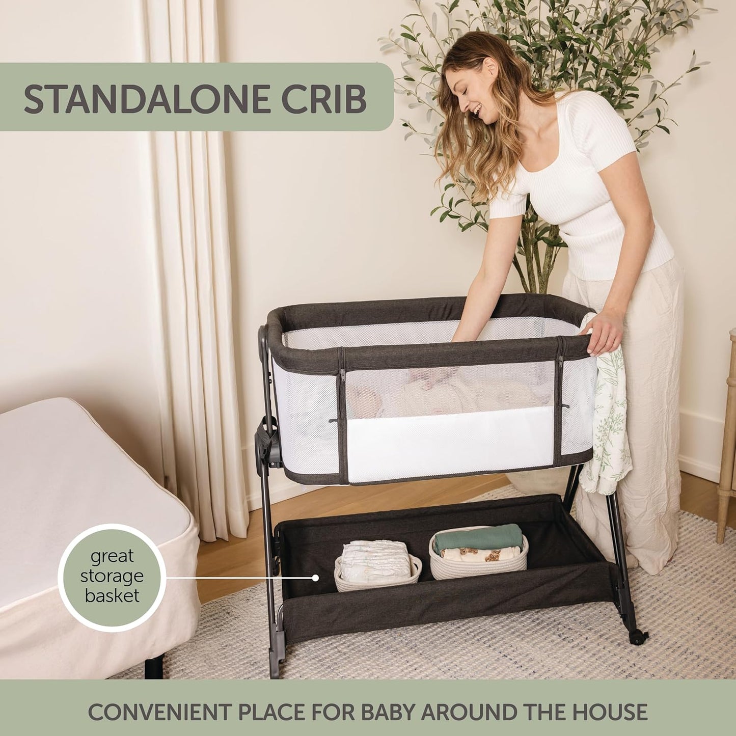 Baby Bedside Sleeper - Bassinet & Bedside Crib with Height Adjustment & Wheels - Can Be Placed Next to Bed - Attaches to Parents Bed - Easy to Fold & Carry Bassinet (Grey)