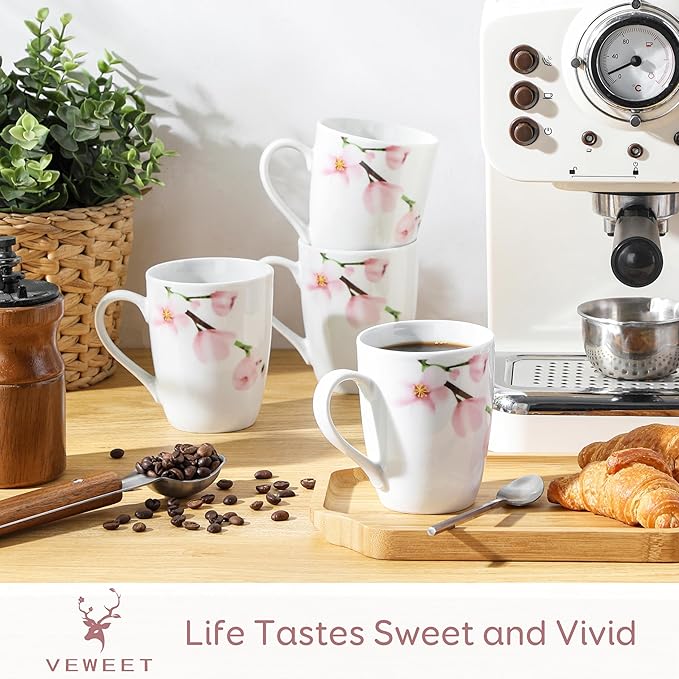 VEWEET Coffee Mugs Set of 6, 11 OZ Coffee Cups Set with Handle, Floral Mug Sets Ceramic Cup Set for Kitchen, Microwave & Dishwasher Safe, Series ANNIE