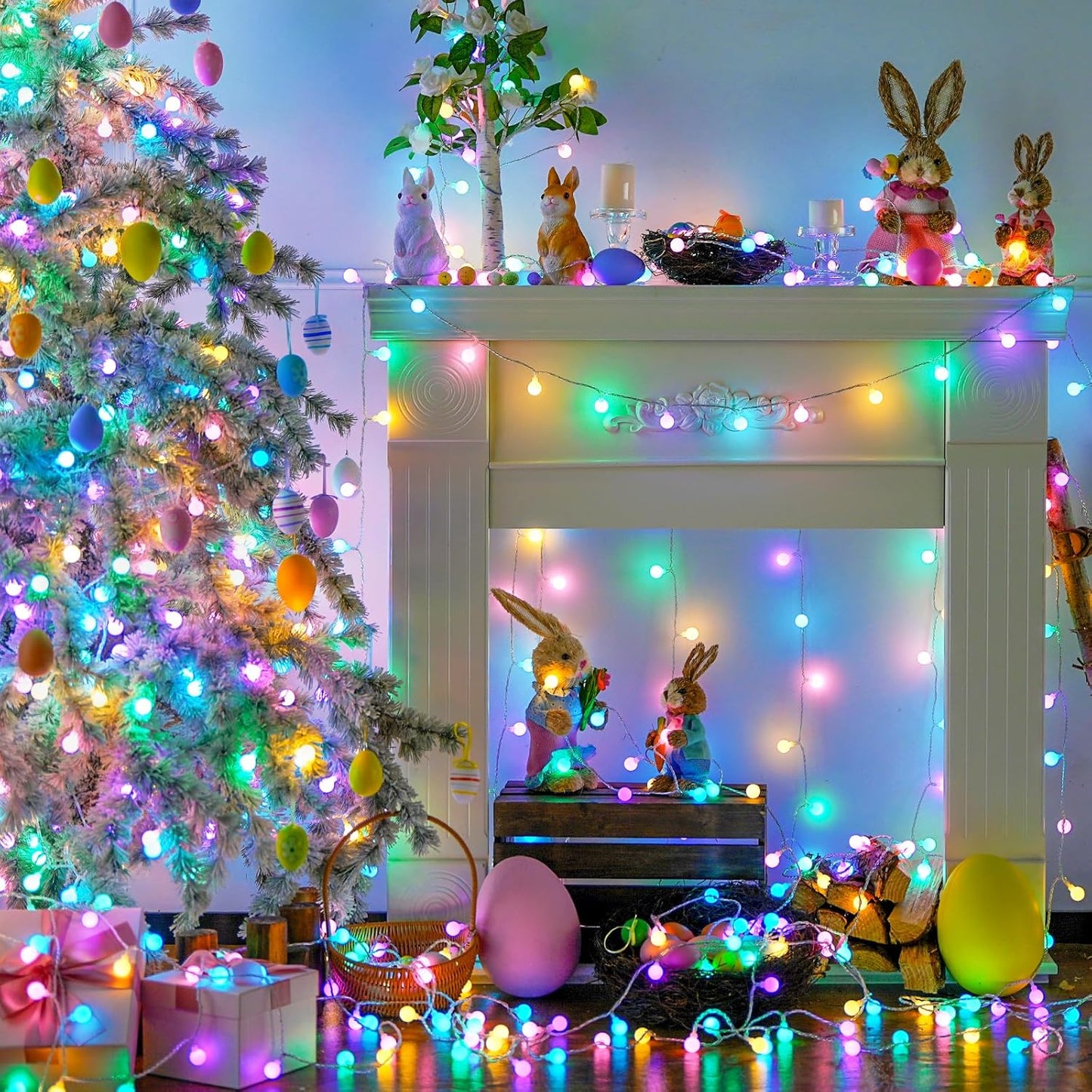 JMEXSUSS 100 LED Connectable Globe String Lights Indoor, 33ft Multicolor Fairy Lights Plug in with Remote, 8 Modes Pastel Lights for Easter Bedroom Tree Room Party Decoration