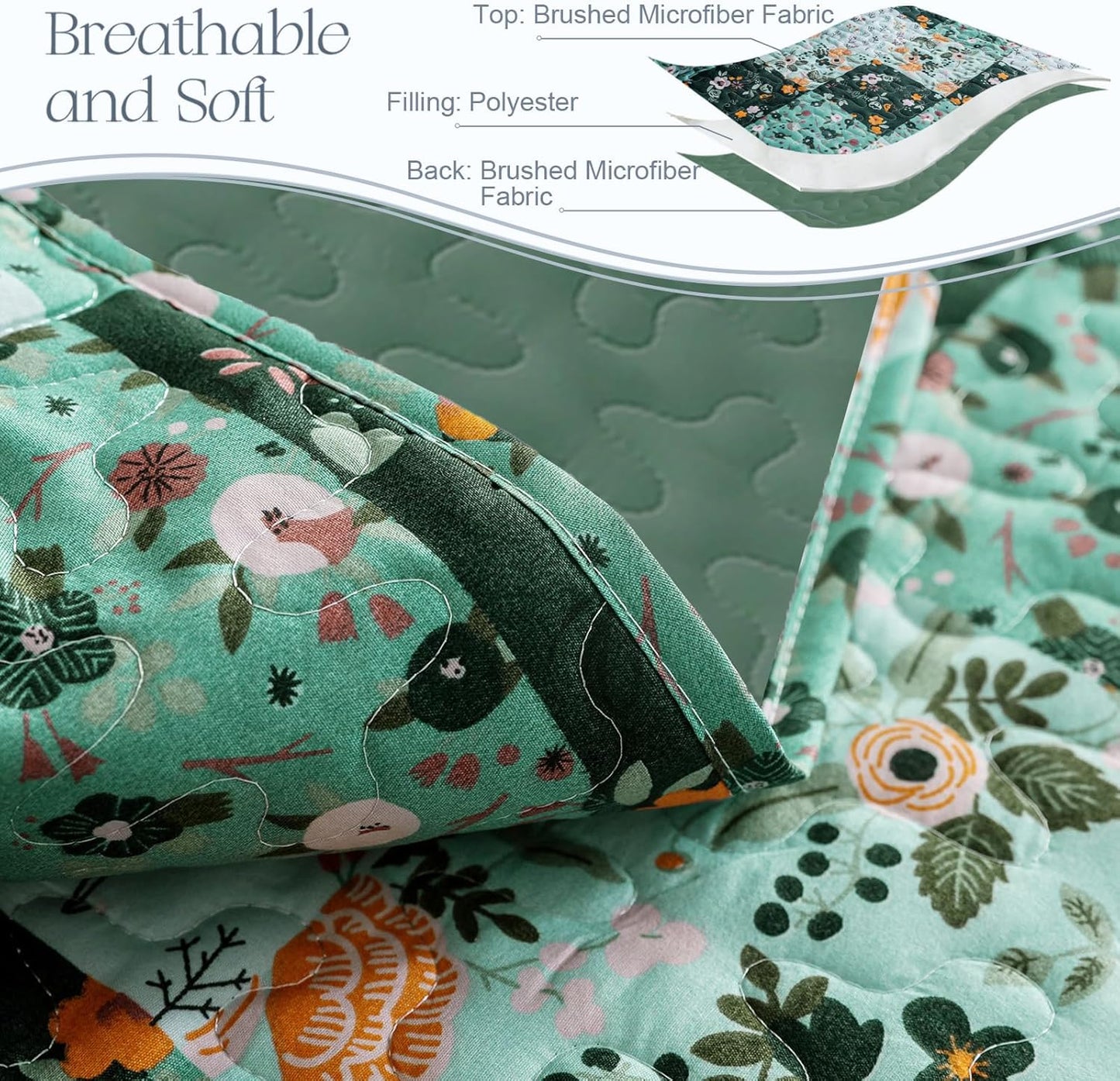 Exclusivo Mezcla Reversible Boho Quilt Set Queen Size, 3 Pieces Patchwork Green All Season Bedspreads, Ultra Soft Floral Coverlet Bedding Set with Printed Pattern (1 Quilt, 2 Pillow Shams)