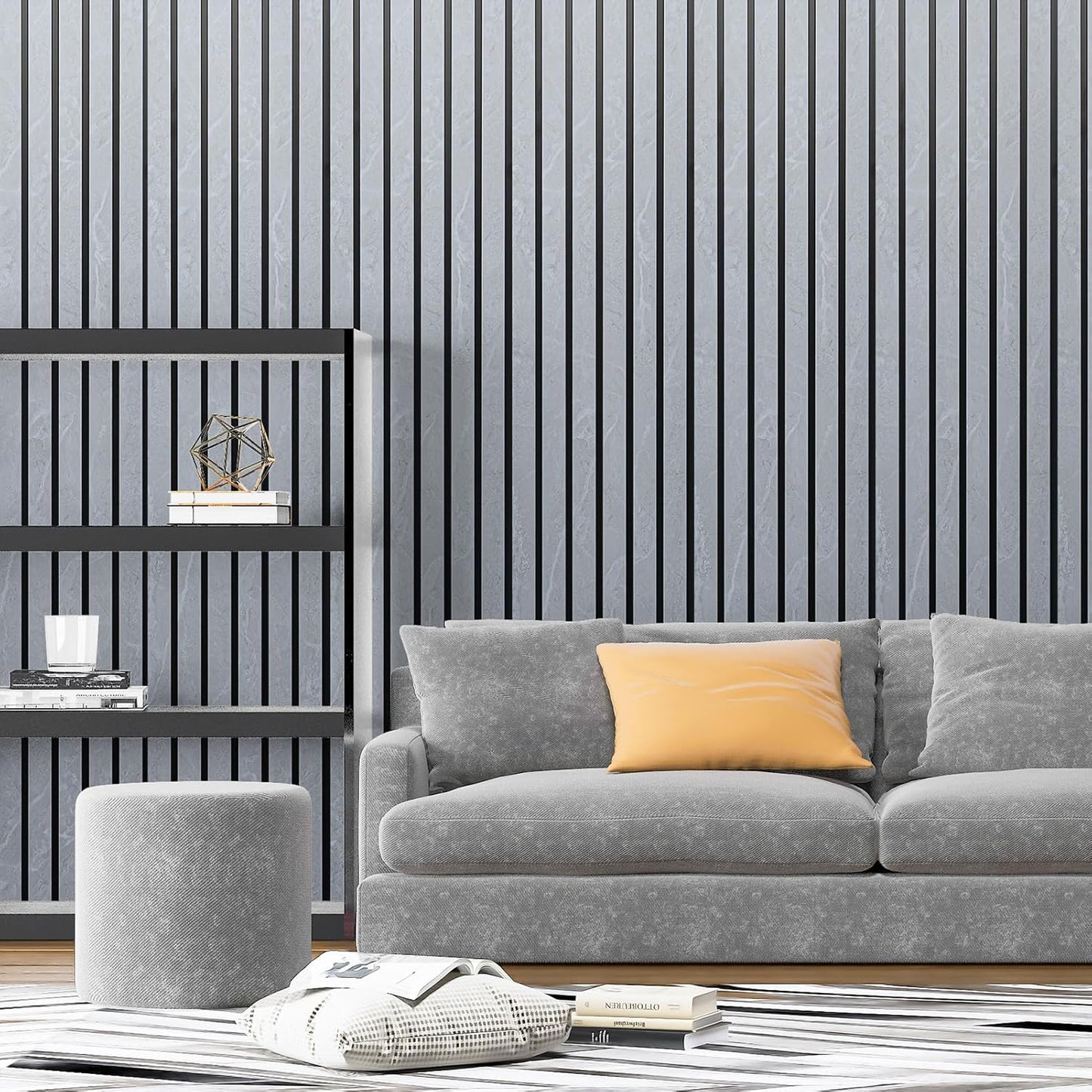 Art3d 4-Pack Glue-On Six-Grid Wainscoting Panel for Interior Wall Decor - 104 x 12 Inch Polystyrene Ultralight Slim Slat Wall Panels for Living Room Bedroom, Slate