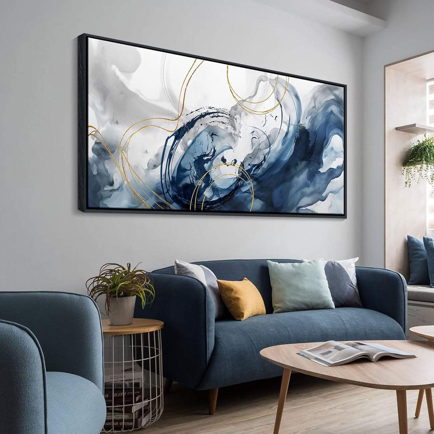 Mofutinpo Large Framed Canvas Art Wall Art Blue Abstract Wall Decor Modern Home Decor Office Wall Decor Home Decorations for Living Room Minimalist Bedroom Artwork 29×58in