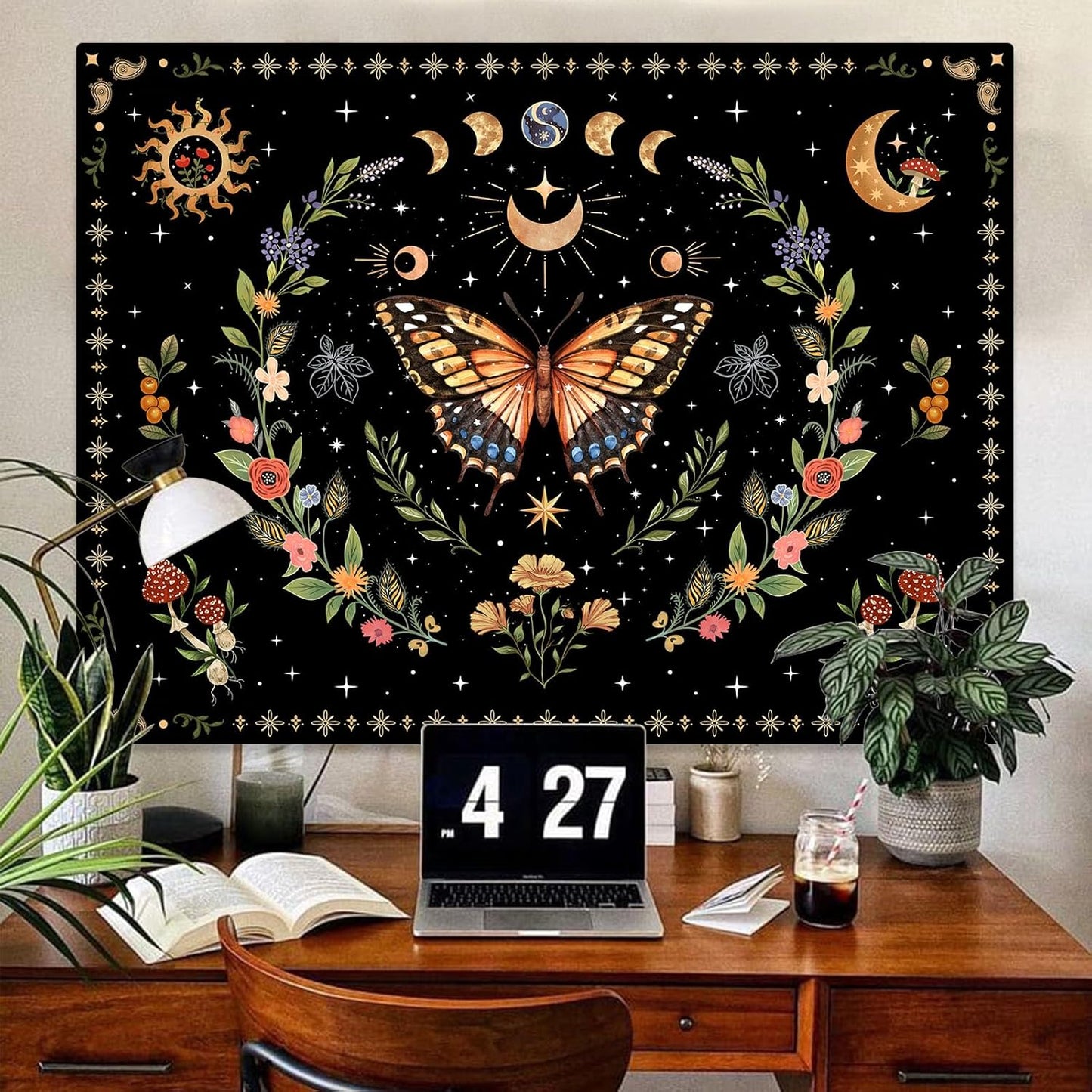 Lunerfex Boho Butterfly Tapestry Flower Moon Wall Tapestry, Moon Phases Tapestries for Bedroom Cute Tapestries Wall Hanging for Bedroom Living Room Decor Butterfly-1 60"x80"