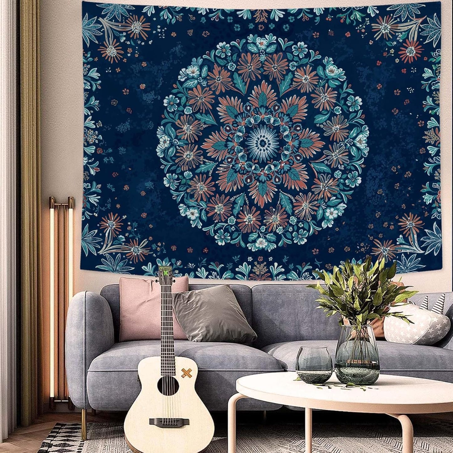 Fowocu Boho Floral Mandala Tapestry Wall Hanging Blue Bohemian Flower Medallion Tapestry Aesthetic Vintage Navy Hippie Indian Small Tapestries for Bedroom Living Room Dorm Decor 60 x 44 Inch