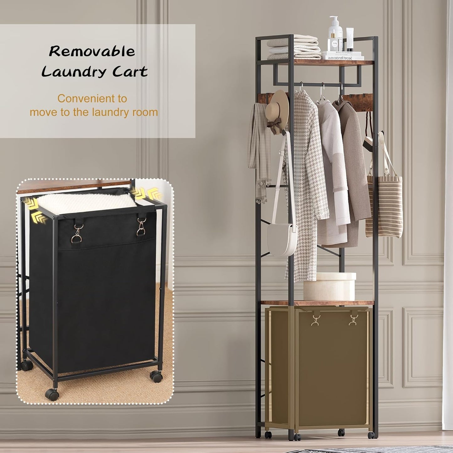 Coat Rack with Laundry Basket, Laundry Hamper Freestanding Hall Tree, Clothes Rack with Storage Shelves, 14.5 Gal Removable Bags on Wheels, Black and Brown JLH005SR