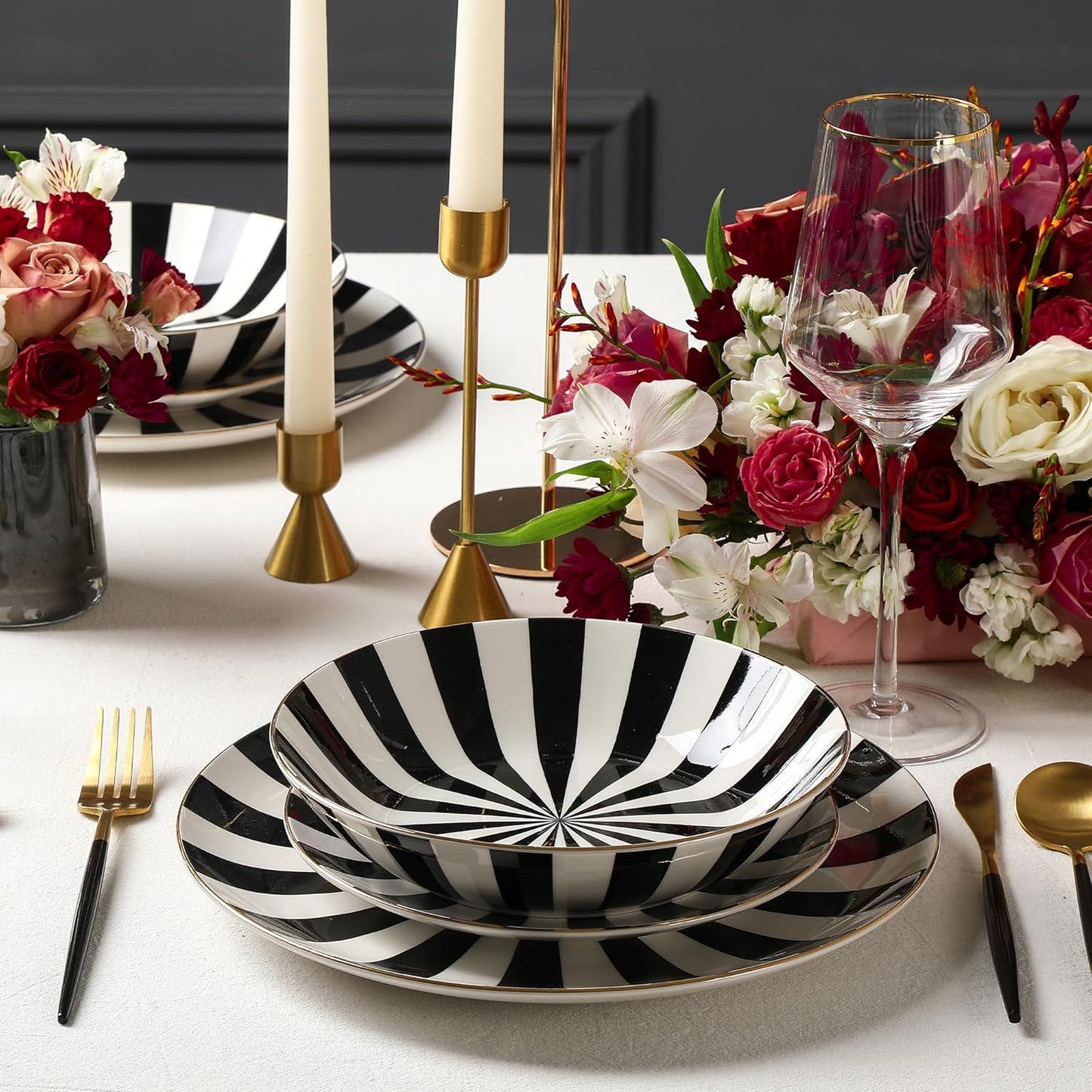 Christian Siriano Empire Porcelain Dinnerware, 24-Piece Plates and Bowls Set, Black and White Dish Set for 8, Gold Trim, Hand Wash Only