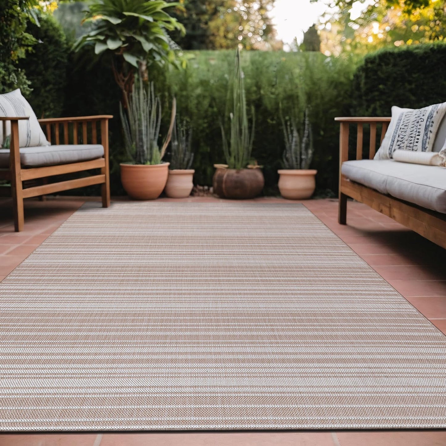 Stripe Outdoor Rug 9x12 Washable Outside Carpet for Indoor Patio Porch Waterproof Easy Cleaning Non Shedding Area Rugs Beige 9 x 12