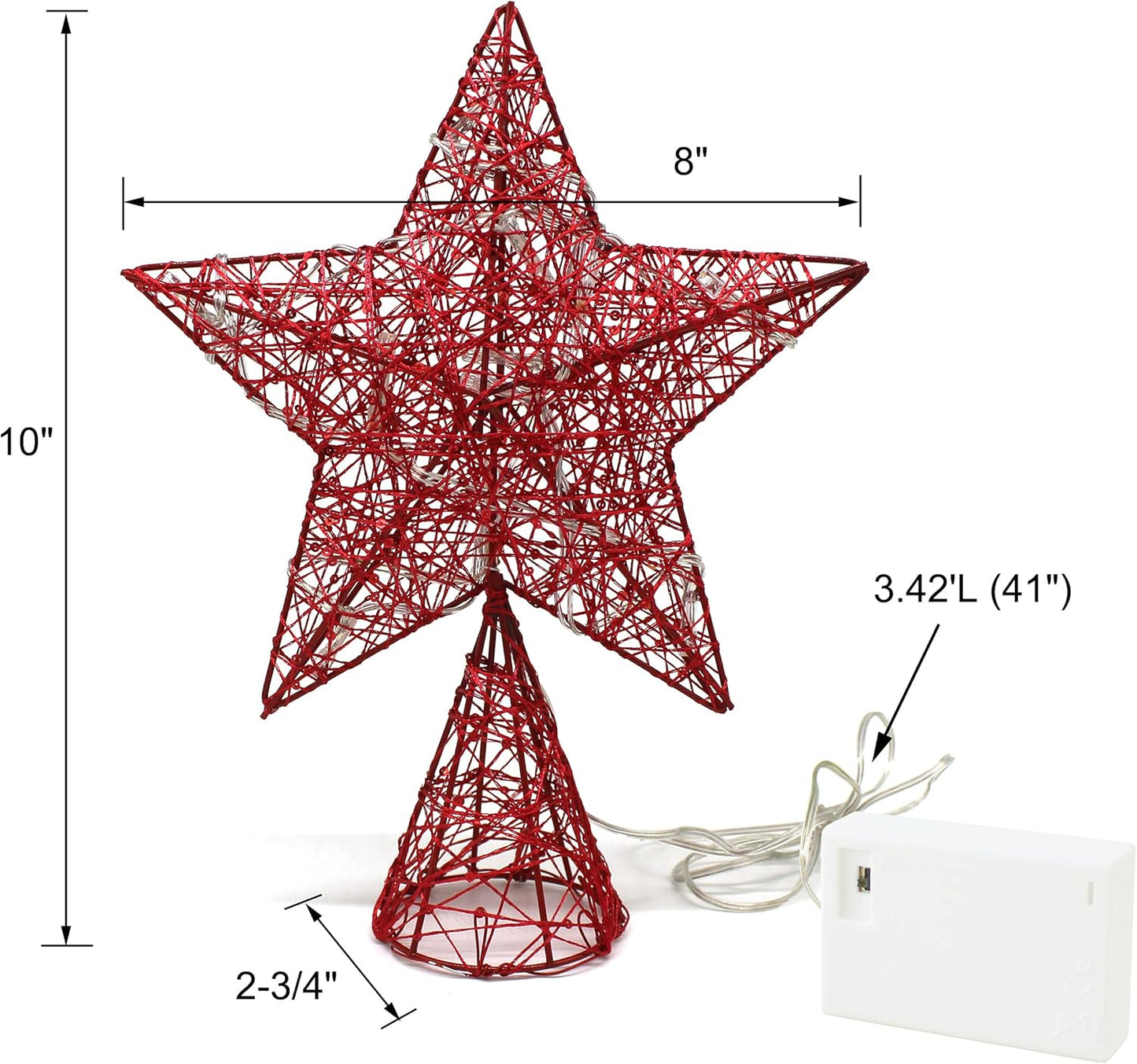 CVHOMEDECO. Red Tree Top Star with Warm White LED Lights and Timer for Christmas Ornaments and Holiday Seasonal Décor, 8 x 10 Inch