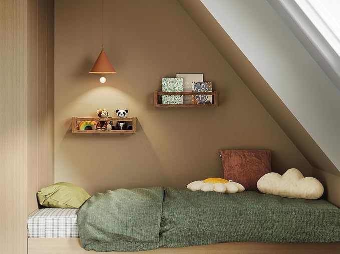 Upgraded Thick Floating Shelves - Multi-Use Wall-Mounted Bookshelves for Kids and Nursery, Ideal for Books, Toys, Spice Rack, Decor - Walnut Brown