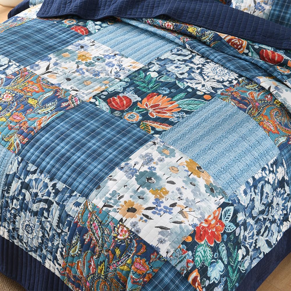Autumn Dream Cotton Bedspread Quilt Sets Reversible Bedding Coverlet Sets, Luxury Vintage Paisley Floral Patchwork Blue Bedspread, Queen Size