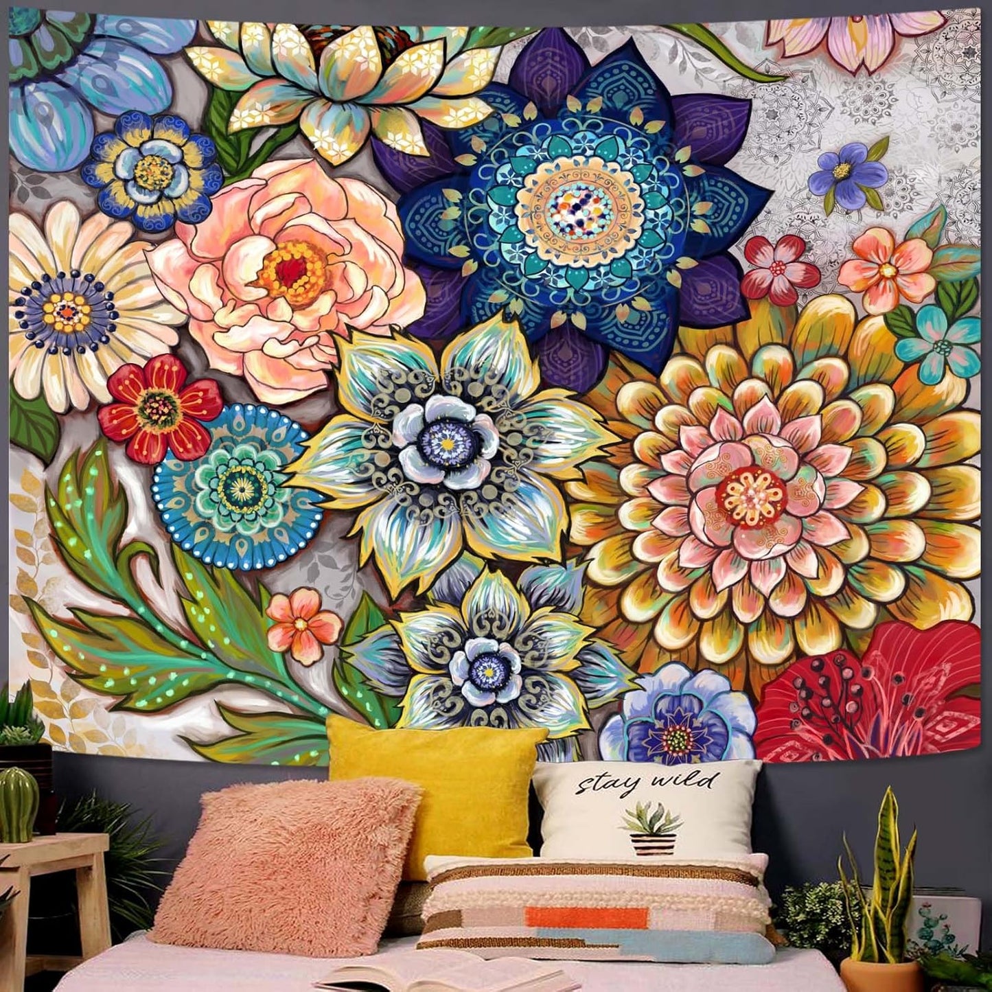 Neasow Colorful Floral Tapestry Wall hanging, Bright Boho Fabric Blossom Tapestries, Multi Color Tapestry for Bedroom Home Hippie Wall Decor 36×48 inch