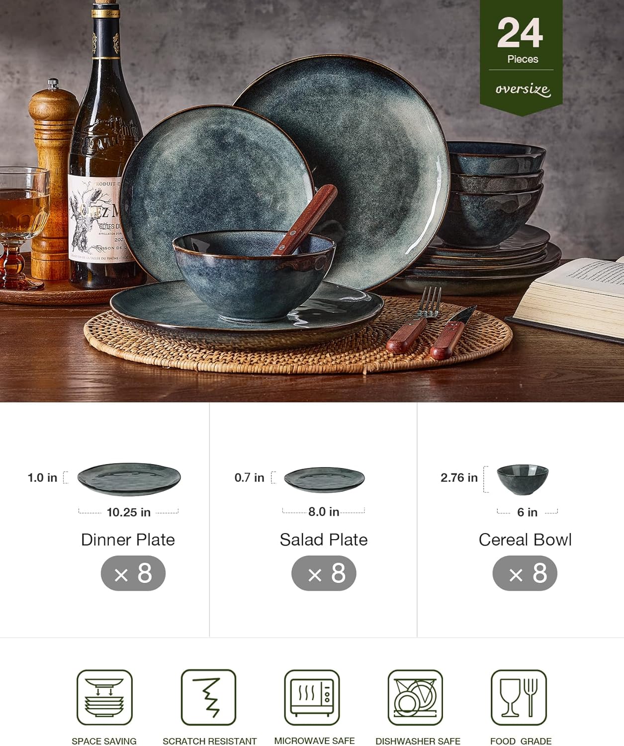 Famiware Dinnerware Sets for 8, Ocean Round 24-Piece Kitchen Plates and Bowls Sets, Microwave and Dishwasher Safe, Scratch Resistant, Deep Forest